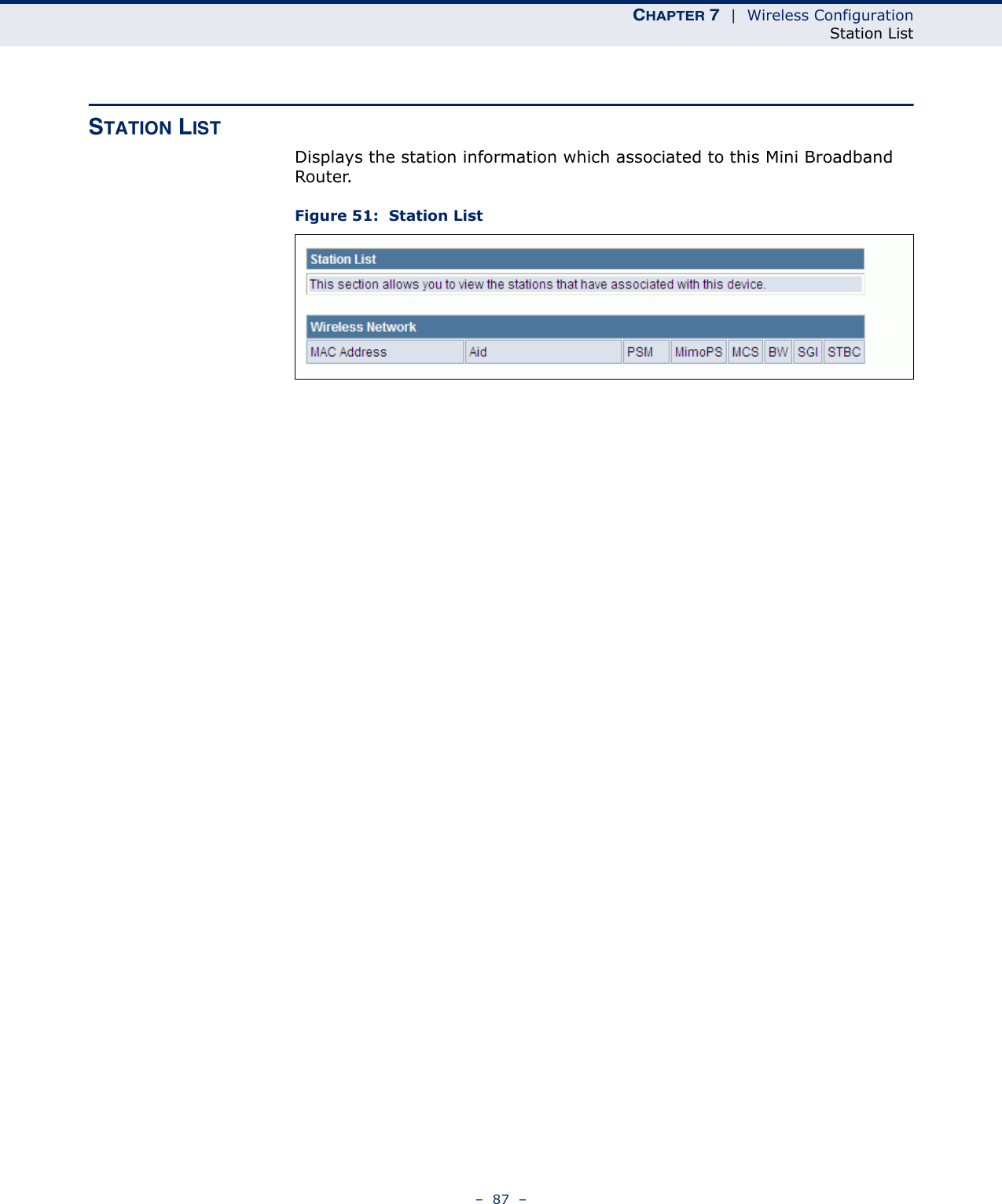 CHAPTER 7  |  Wireless ConfigurationStation List–  87  –STATION LISTDisplays the station information which associated to this Mini Broadband Router.Figure 51:  Station List