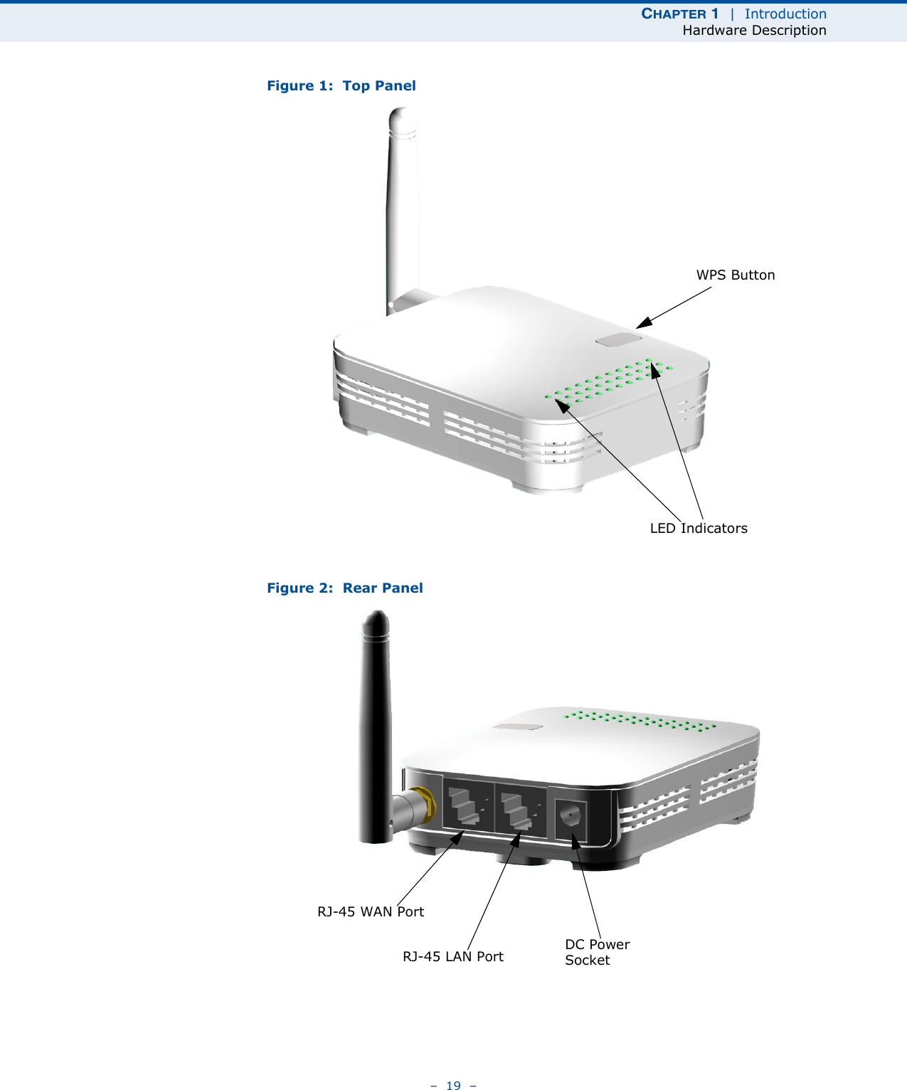 CHAPTER 1  |  IntroductionHardware Description–  19  –Figure 1:  Top PanelFigure 2:  Rear PanelLED IndicatorsWPS ButtonRJ-45 WAN PortRJ-45 LAN Port DC Power Socket