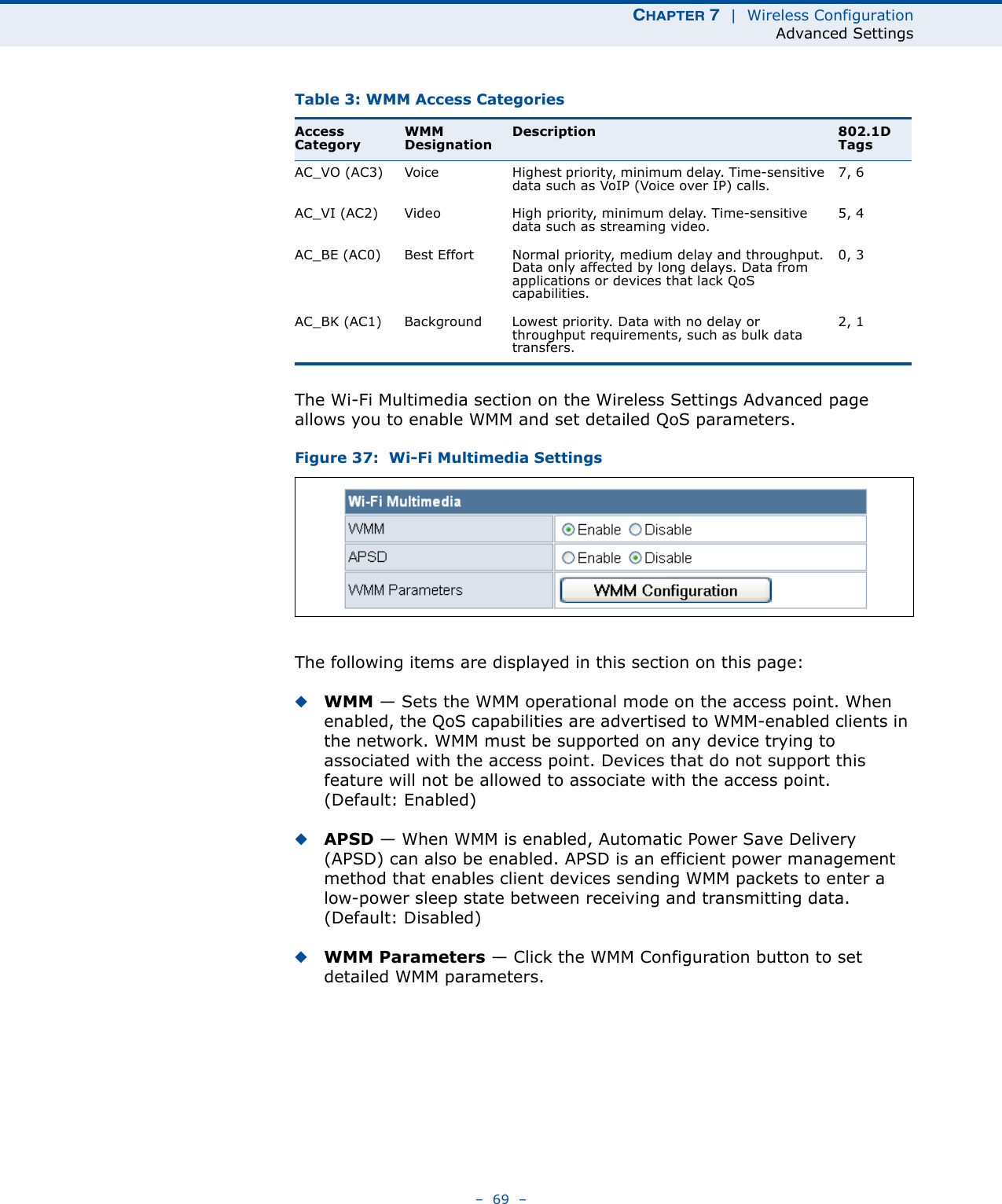 CHAPTER 7  |  Wireless ConfigurationAdvanced Settings–  69  –The Wi-Fi Multimedia section on the Wireless Settings Advanced page allows you to enable WMM and set detailed QoS parameters.Figure 37:  Wi-Fi Multimedia SettingsThe following items are displayed in this section on this page:◆WMM — Sets the WMM operational mode on the access point. When enabled, the QoS capabilities are advertised to WMM-enabled clients in the network. WMM must be supported on any device trying to associated with the access point. Devices that do not support this feature will not be allowed to associate with the access point. (Default: Enabled)◆APSD — When WMM is enabled, Automatic Power Save Delivery (APSD) can also be enabled. APSD is an efficient power management method that enables client devices sending WMM packets to enter a low-power sleep state between receiving and transmitting data. (Default: Disabled)◆WMM Parameters — Click the WMM Configuration button to set detailed WMM parameters.Table 3: WMM Access CategoriesAccess CategoryWMM DesignationDescription 802.1D TagsAC_VO (AC3) Voice Highest priority, minimum delay. Time-sensitive data such as VoIP (Voice over IP) calls.7, 6AC_VI (AC2) Video High priority, minimum delay. Time-sensitive data such as streaming video.5, 4AC_BE (AC0) Best Effort Normal priority, medium delay and throughput. Data only affected by long delays. Data from applications or devices that lack QoS capabilities.0, 3AC_BK (AC1) Background Lowest priority. Data with no delay or throughput requirements, such as bulk data transfers.2, 1