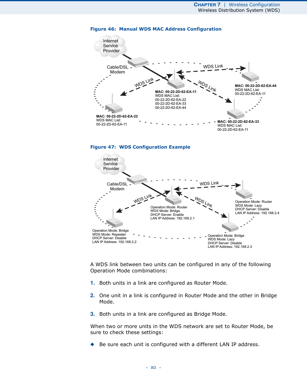 CHAPTER 7  |  Wireless ConfigurationWireless Distribution System (WDS)–  80  –Figure 46:  Manual WDS MAC Address ConfigurationFigure 47:  WDS Configuration ExampleA WDS link between two units can be configured in any of the following Operation Mode combinations:1. Both units in a link are configured as Router Mode.2. One unit in a link is configured in Router Mode and the other in Bridge Mode.3. Both units in a link are configured as Bridge Mode.When two or more units in the WDS network are set to Router Mode, be sure to check these settings:◆Be sure each unit is configured with a different LAN IP address.InternetServiceProviderMAC: 00-22-2D-62-EA-11WDS MAC List:00-22-2D-62-EA-2200-22-2D-62-EA-3300-22-2D-62-EA-44MAC: 00-22-2D-62-EA-22WDS MAC List:00-22-2D-62-EA-11Cable/DSLModemWDS LinkMAC: 00-22-2D-62-EA-33WDS MAC List:00-22-2D-62-EA-11MAC: 00-22-2D-62-EA-44WDS MAC List:00-22-2D-62-EA-11WDS LinkWDS LinkInternetServiceProviderOperation Mode: RouterDHCP Server: EnableLAN IP Address: 192.168.2.1WDS Mode: BridgeOperation Mode: BridgeWDS Mode: RepeaterDHCP Server: DisableLAN IP Address: 192.168.2.2Cable/DSLModemWDS LinkOperation Mode: BridgeWDS Mode: LazyDHCP Server: DisableLAN IP Address: 192.168.2.3Operation Mode:WDS Mode: LazyDHCP Server: DisableLAN IP Address: 192.168.2.4RouterWDS LinkWDS Link