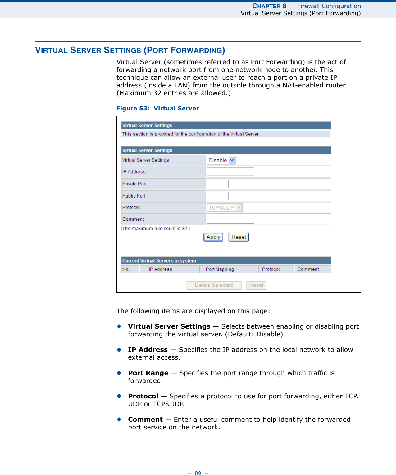 CHAPTER 8  |  Firewall ConfigurationVirtual Server Settings (Port Forwarding)–  89  –VIRTUAL SERVER SETTINGS (PORT FORWARDING)Virtual Server (sometimes referred to as Port Forwarding) is the act of forwarding a network port from one network node to another. This technique can allow an external user to reach a port on a private IP address (inside a LAN) from the outside through a NAT-enabled router. (Maximum 32 entries are allowed.) Figure 53:  Virtual ServerThe following items are displayed on this page:◆Virtual Server Settings — Selects between enabling or disabling port forwarding the virtual server. (Default: Disable)◆IP Address — Specifies the IP address on the local network to allow external access.◆Port Range — Specifies the port range through which traffic is forwarded.◆Protocol — Specifies a protocol to use for port forwarding, either TCP, UDP or TCP&amp;UDP.◆Comment — Enter a useful comment to help identify the forwarded port service on the network.