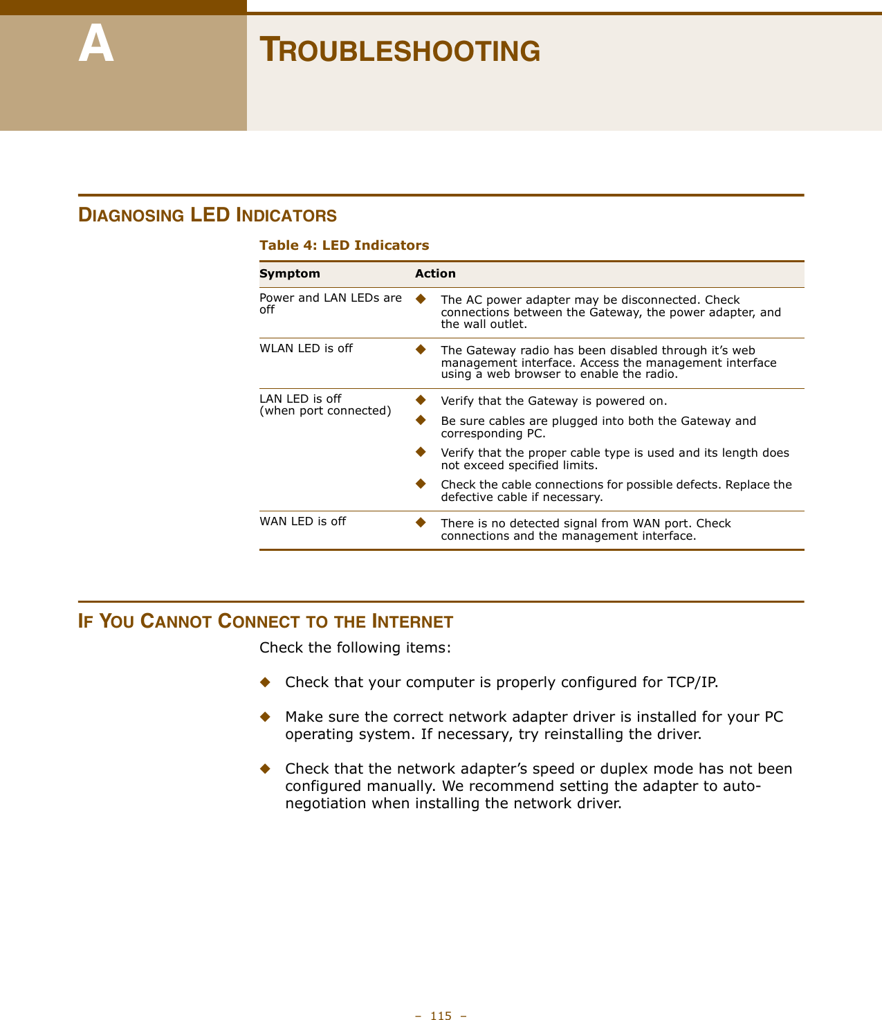 –  115  –ATROUBLESHOOTINGDIAGNOSING LED INDICATORS IF YOU CANNOT CONNECT TO THE INTERNETCheck the following items:◆Check that your computer is properly configured for TCP/IP.◆Make sure the correct network adapter driver is installed for your PC operating system. If necessary, try reinstalling the driver.◆Check that the network adapter’s speed or duplex mode has not been configured manually. We recommend setting the adapter to auto-negotiation when installing the network driver.Table 4: LED IndicatorsSymptom ActionPower and LAN LEDs are off◆The AC power adapter may be disconnected. Check connections between the Gateway, the power adapter, and the wall outlet.WLAN LED is off ◆The Gateway radio has been disabled through it’s web management interface. Access the management interface using a web browser to enable the radio.LAN LED is off (when port connected)◆Verify that the Gateway is powered on.◆Be sure cables are plugged into both the Gateway and corresponding PC.◆Verify that the proper cable type is used and its length does not exceed specified limits.◆Check the cable connections for possible defects. Replace the defective cable if necessary.WAN LED is off ◆There is no detected signal from WAN port. Check connections and the management interface.