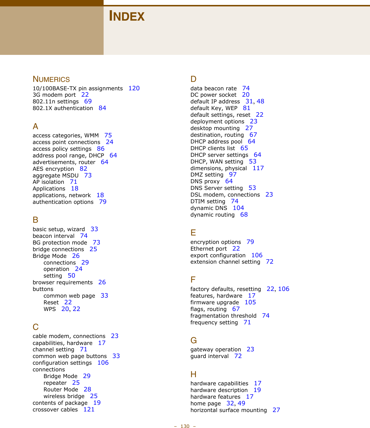 –  130  –INDEXNUMERICS10/100BASE-TX pin assignments   1203G modem port   22802.11n settings   69802.1X authentication   84Aaccess categories, WMM   75access point connections   24access policy settings   86address pool range, DHCP   64advertisements, router   64AES encryption   82aggregate MSDU   73AP isolation   71Applications   18applications, network   18authentication options   79Bbasic setup, wizard   33beacon interval   74BG protection mode   73bridge connections   25Bridge Mode   26connections   29operation   24setting   50browser requirements   26buttonscommon web page   33Reset   22WPS   20, 22Ccable modem, connections   23capabilities, hardware   17channel setting   71common web page buttons   33configuration settings   106connectionsBridge Mode   29repeater   25Router Mode   28wireless bridge   25contents of package   19crossover cables   121Ddata beacon rate   74DC power socket   20default IP address   31, 48default Key, WEP   81default settings, reset   22deployment options   23desktop mounting   27destination, routing   67DHCP address pool   64DHCP clients list   65DHCP server settings   64DHCP, WAN setting   53dimensions, physical   117DMZ setting   97DNS proxy   64DNS Server setting   53DSL modem, connections   23DTIM setting   74dynamic DNS   104dynamic routing   68Eencryption options   79Ethernet port   22export configuration   106extension channel setting   72Ffactory defaults, resetting   22, 106features, hardware   17firmware upgrade   105flags, routing   67fragmentation threshold   74frequency setting   71Ggateway operation   23guard interval   72Hhardware capabilities   17hardware description   19hardware features   17home page   32, 49horizontal surface mounting   27