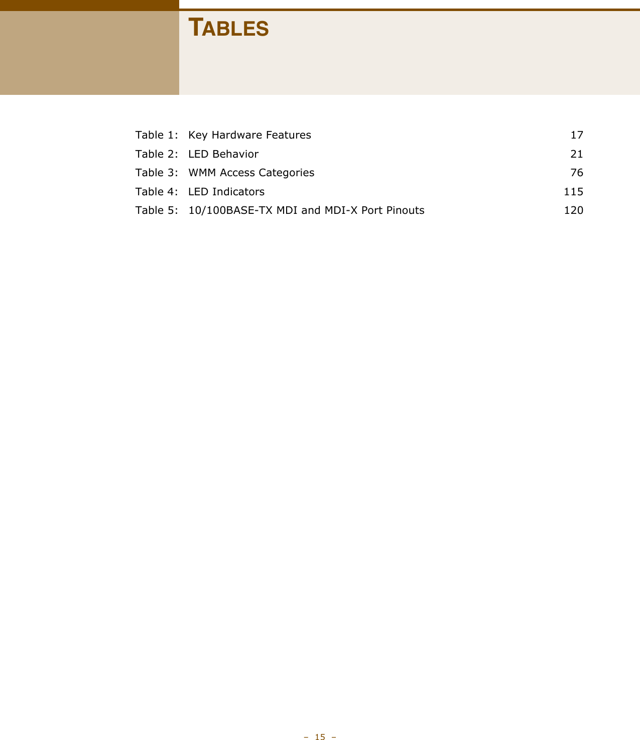 –  15  –TABLESTable 1: Key Hardware Features  17Table 2: LED Behavior  21Table 3: WMM Access Categories  76Table 4: LED Indicators  115Table 5: 10/100BASE-TX MDI and MDI-X Port Pinouts  120