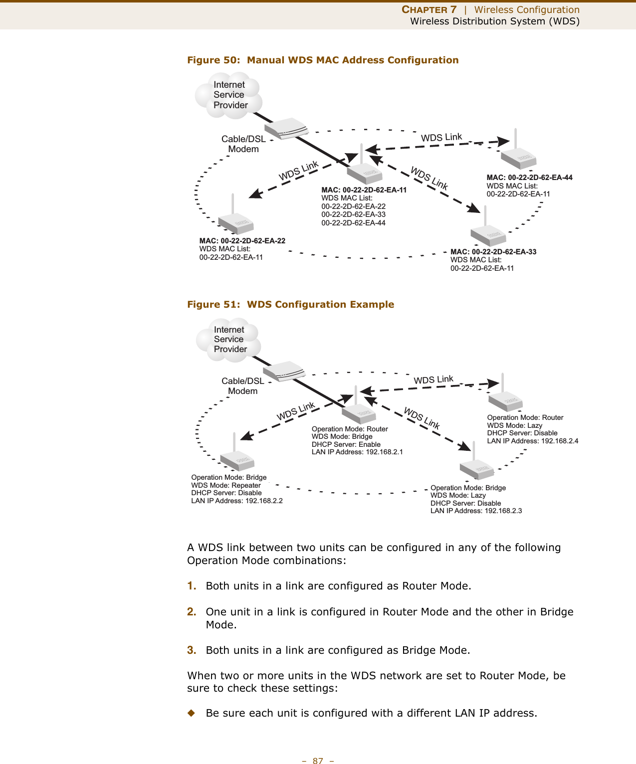 CHAPTER 7  |  Wireless ConfigurationWireless Distribution System (WDS)–  87  –Figure 50:  Manual WDS MAC Address ConfigurationFigure 51:  WDS Configuration ExampleA WDS link between two units can be configured in any of the following Operation Mode combinations:1. Both units in a link are configured as Router Mode.2. One unit in a link is configured in Router Mode and the other in Bridge Mode.3. Both units in a link are configured as Bridge Mode.When two or more units in the WDS network are set to Router Mode, be sure to check these settings:◆Be sure each unit is configured with a different LAN IP address.InternetServiceProviderMAC: 00-22-2D-62-EA-11WDS MAC List:00-22-2D-62-EA-2200-22-2D-62-EA-3300-22-2D-62-EA-44MAC: 00-22-2D-62-EA-22WDS MAC List:00-22-2D-62-EA-11Cable/DSLModemWDS LinkMAC: 00-22-2D-62-EA-33WDS MAC List:00-22-2D-62-EA-11MAC: 00-22-2D-62-EA-44WDS MAC List:00-22-2D-62-EA-11WDS LinkWDS LinkInternetServiceProviderOperation Mode: RouterDHCP Server: EnableLAN IP Address: 192.168.2.1WDS Mode: BridgeOperation Mode: BridgeWDS Mode: RepeaterDHCP Server: DisableLAN IP Address: 192.168.2.2Cable/DSLModemWDS LinkOperation Mode: BridgeWDS Mode: LazyDHCP Server: DisableLAN IP Address: 192.168.2.3Operation Mode:WDS Mode: LazyDHCP Server: DisableLAN IP Address: 192.168.2.4RouterWDS LinkWDS Link