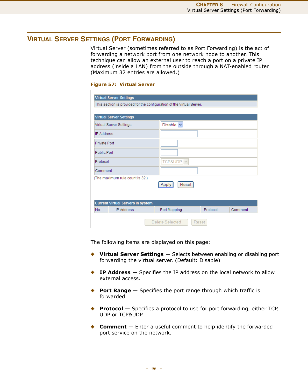 CHAPTER 8  |  Firewall ConfigurationVirtual Server Settings (Port Forwarding)–  96  –VIRTUAL SERVER SETTINGS (PORT FORWARDING)Virtual Server (sometimes referred to as Port Forwarding) is the act of forwarding a network port from one network node to another. This technique can allow an external user to reach a port on a private IP address (inside a LAN) from the outside through a NAT-enabled router. (Maximum 32 entries are allowed.) Figure 57:  Virtual ServerThe following items are displayed on this page:◆Virtual Server Settings — Selects between enabling or disabling port forwarding the virtual server. (Default: Disable)◆IP Address — Specifies the IP address on the local network to allow external access.◆Port Range — Specifies the port range through which traffic is forwarded.◆Protocol — Specifies a protocol to use for port forwarding, either TCP, UDP or TCP&amp;UDP.◆Comment — Enter a useful comment to help identify the forwarded port service on the network.