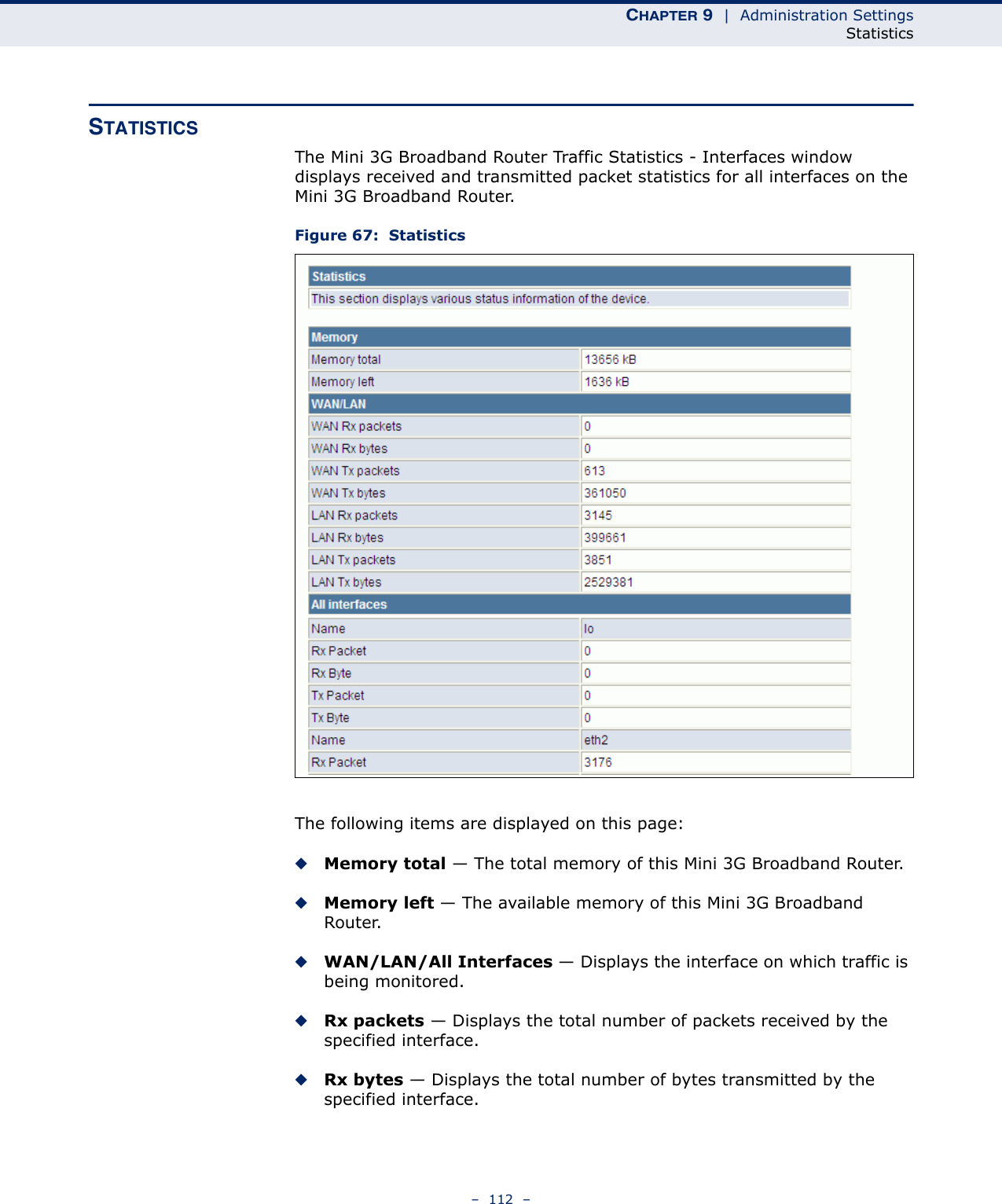 CHAPTER 9  |  Administration SettingsStatistics–  112  –STATISTICSThe Mini 3G Broadband Router Traffic Statistics - Interfaces window displays received and transmitted packet statistics for all interfaces on the Mini 3G Broadband Router.Figure 67:  StatisticsThe following items are displayed on this page:◆Memory total — The total memory of this Mini 3G Broadband Router.◆Memory left — The available memory of this Mini 3G Broadband Router.◆WAN/LAN/All Interfaces — Displays the interface on which traffic is being monitored.◆Rx packets — Displays the total number of packets received by the specified interface.◆Rx bytes — Displays the total number of bytes transmitted by the specified interface.