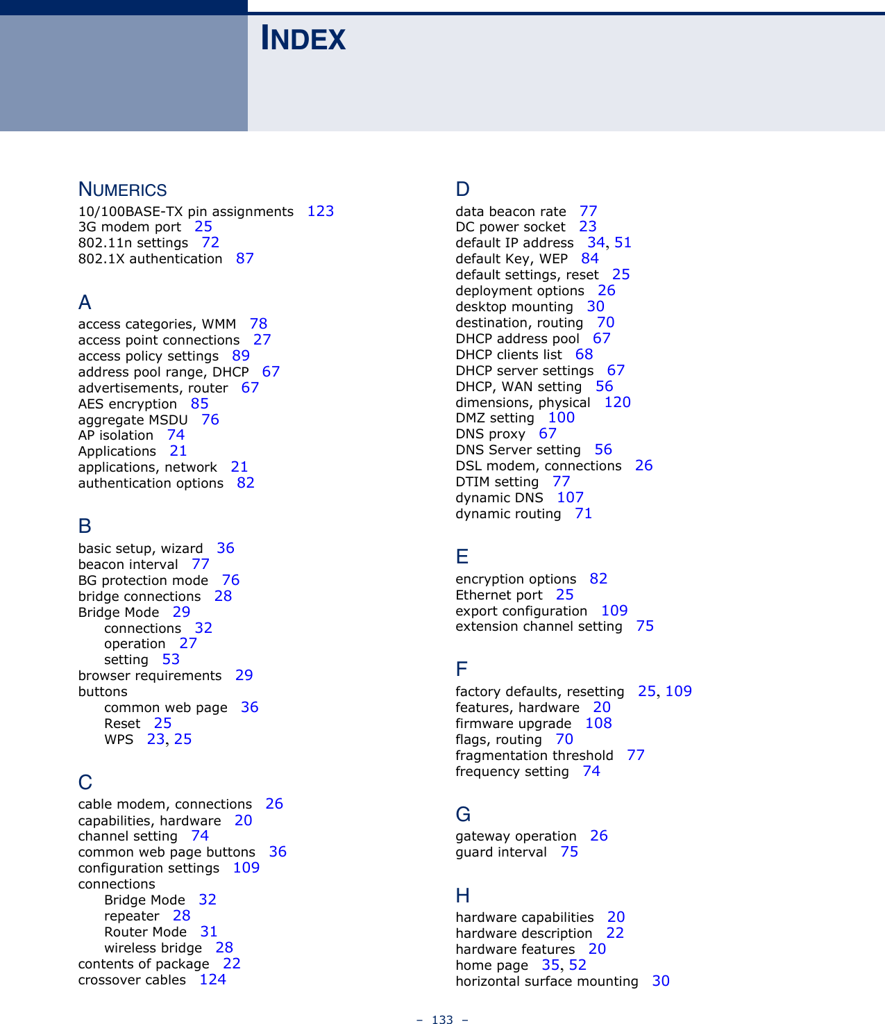 –  133  –INDEXNUMERICS10/100BASE-TX pin assignments   1233G modem port   25802.11n settings   72802.1X authentication   87Aaccess categories, WMM   78access point connections   27access policy settings   89address pool range, DHCP   67advertisements, router   67AES encryption   85aggregate MSDU   76AP isolation   74Applications   21applications, network   21authentication options   82Bbasic setup, wizard   36beacon interval   77BG protection mode   76bridge connections   28Bridge Mode   29connections   32operation   27setting   53browser requirements   29buttonscommon web page   36Reset   25WPS   23, 25Ccable modem, connections   26capabilities, hardware   20channel setting   74common web page buttons   36configuration settings   109connectionsBridge Mode   32repeater   28Router Mode   31wireless bridge   28contents of package   22crossover cables   124Ddata beacon rate   77DC power socket   23default IP address   34, 51default Key, WEP   84default settings, reset   25deployment options   26desktop mounting   30destination, routing   70DHCP address pool   67DHCP clients list   68DHCP server settings   67DHCP, WAN setting   56dimensions, physical   120DMZ setting   100DNS proxy   67DNS Server setting   56DSL modem, connections   26DTIM setting   77dynamic DNS   107dynamic routing   71Eencryption options   82Ethernet port   25export configuration   109extension channel setting   75Ffactory defaults, resetting   25, 109features, hardware   20firmware upgrade   108flags, routing   70fragmentation threshold   77frequency setting   74Ggateway operation   26guard interval   75Hhardware capabilities   20hardware description   22hardware features   20home page   35, 52horizontal surface mounting   30