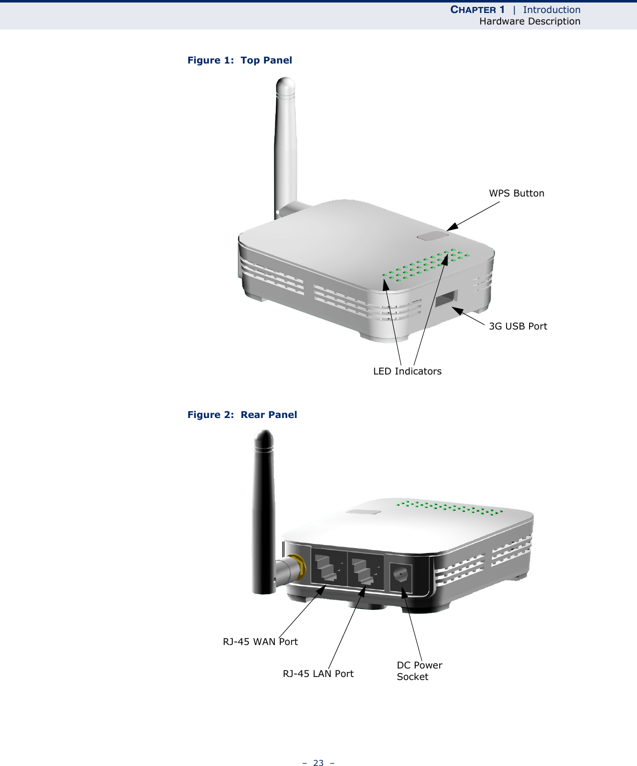 CHAPTER 1  |  IntroductionHardware Description–  23  –Figure 1:  Top PanelFigure 2:  Rear PanelLED IndicatorsWPS Button3G USB PortRJ-45 WAN PortRJ-45 LAN Port DC Power Socket