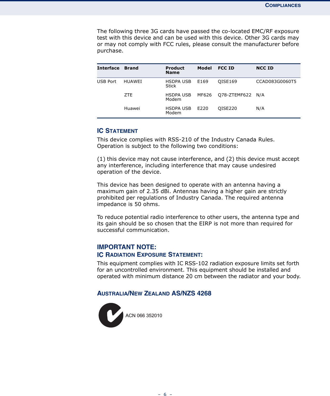 COMPLIANCES–  6  –The following three 3G cards have passed the co-located EMC/RF exposure test with this device and can be used with this device. Other 3G cards may or may not comply with FCC rules, please consult the manufacturer before purchase.IC STATEMENTThis device complies with RSS-210 of the Industry Canada Rules. Operation is subject to the following two conditions:(1) this device may not cause interference, and (2) this device must accept any interference, including interference that may cause undesired operation of the device.This device has been designed to operate with an antenna having a maximum gain of 2.35 dBi. Antennas having a higher gain are strictly prohibited per regulations of Industry Canada. The required antenna impedance is 50 ohms.To reduce potential radio interference to other users, the antenna type and its gain should be so chosen that the EIRP is not more than required for successful communication.IMPORTANT NOTE:IC RADIATION EXPOSURE STATEMENT:This equipment complies with IC RSS-102 radiation exposure limits set forth for an uncontrolled environment. This equipment should be installed and operated with minimum distance 20 cm between the radiator and your body.AUSTRALIA/NEW ZEALAND AS/NZS 4268Interface Brand Product NameModel FCC ID NCC IDUSB Port     HUAWEI THSDPA USB StickE169 QISE169 CCAD083G0060T5ZTE HSDPA USB ModemMF626 Q78-ZTEMF622 N/AHuawei HSDPA USB ModemE220 QISE220 N/AACN 066 352010
