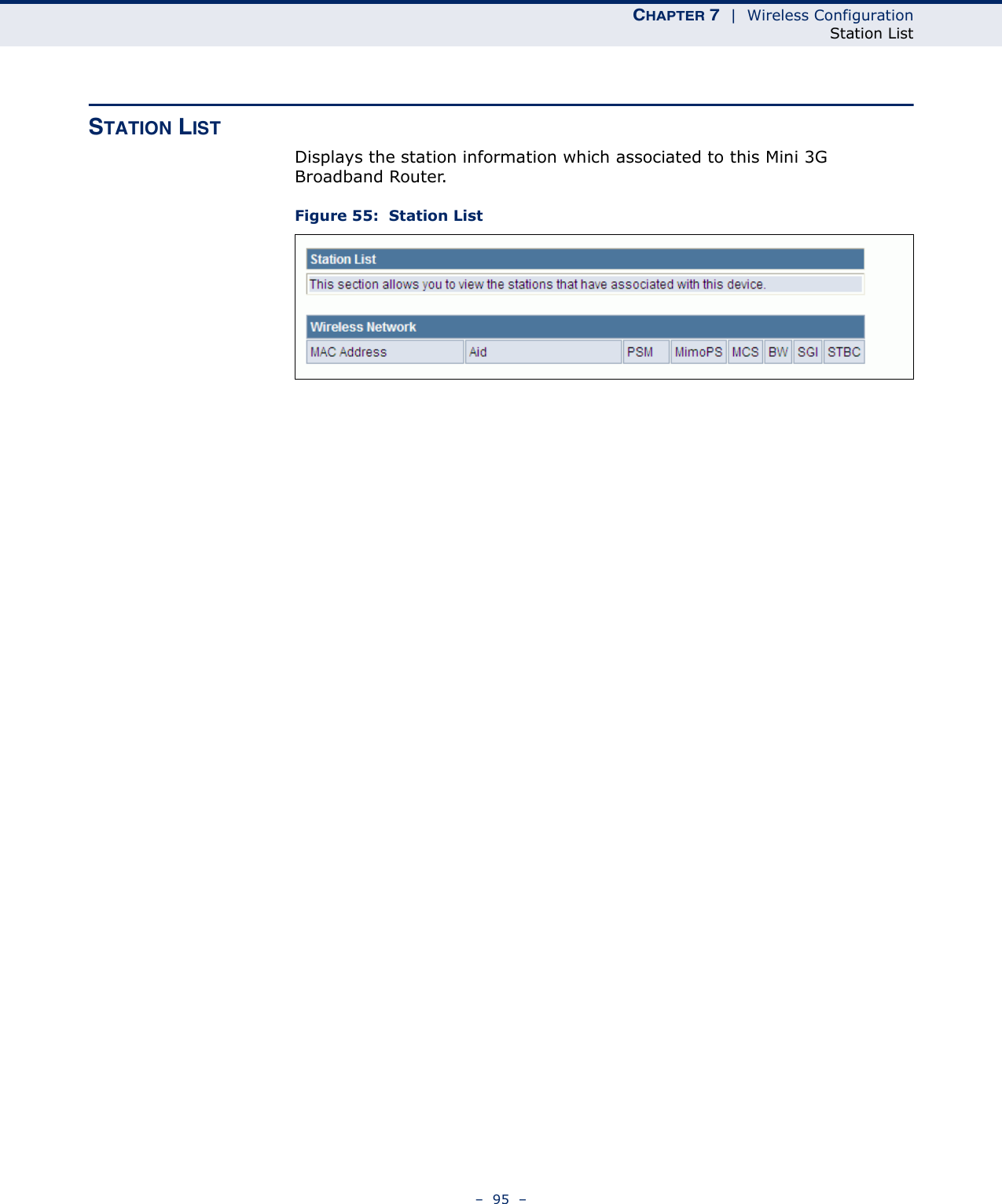 CHAPTER 7  |  Wireless ConfigurationStation List–  95  –STATION LISTDisplays the station information which associated to this Mini 3G Broadband Router.Figure 55:  Station List