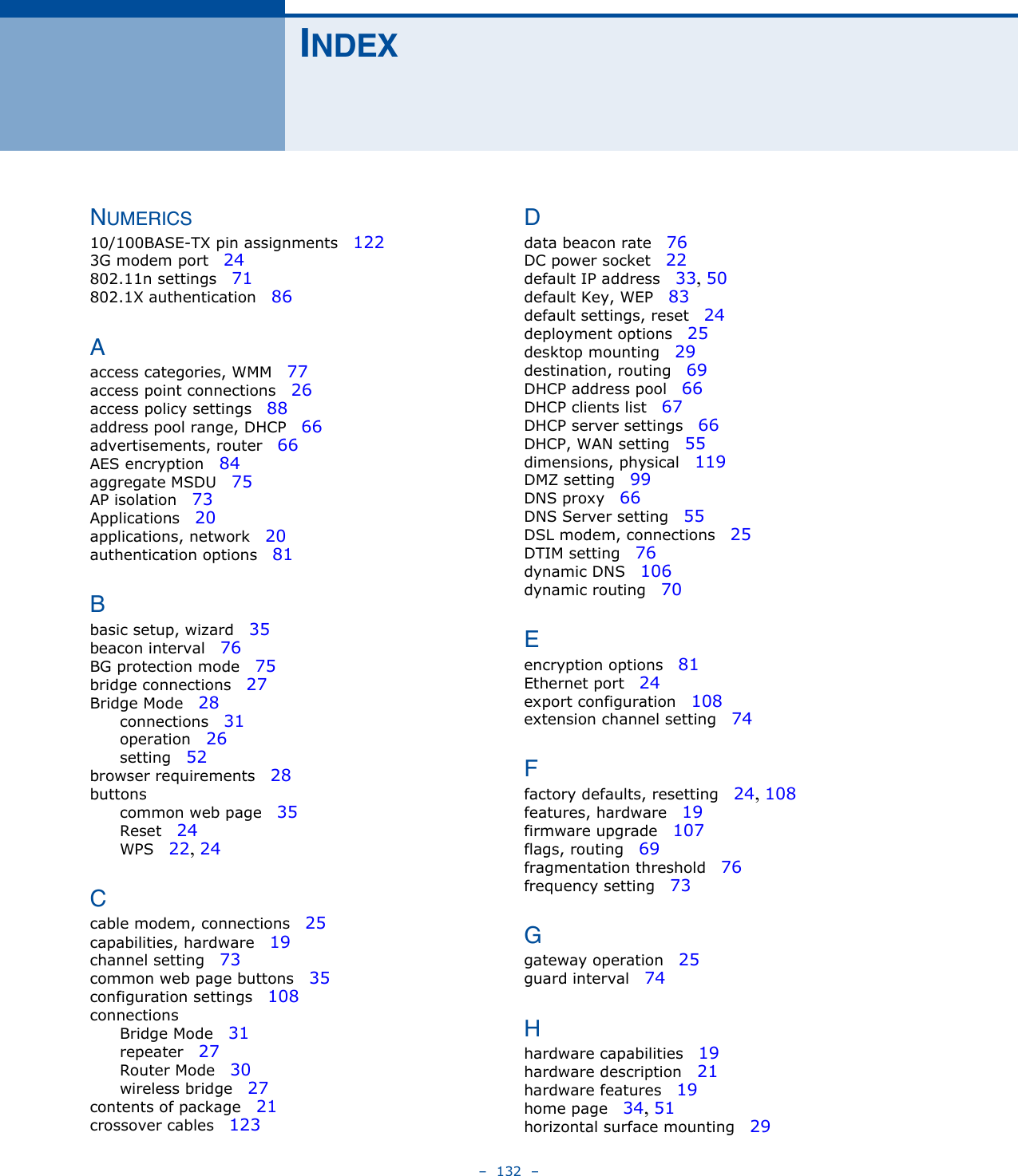 –  132  –INDEXNUMERICS10/100BASE-TX pin assignments   1223G modem port   24802.11n settings   71802.1X authentication   86Aaccess categories, WMM   77access point connections   26access policy settings   88address pool range, DHCP   66advertisements, router   66AES encryption   84aggregate MSDU   75AP isolation   73Applications   20applications, network   20authentication options   81Bbasic setup, wizard   35beacon interval   76BG protection mode   75bridge connections   27Bridge Mode   28connections   31operation   26setting   52browser requirements   28buttonscommon web page   35Reset   24WPS   22, 24Ccable modem, connections   25capabilities, hardware   19channel setting   73common web page buttons   35configuration settings   108connectionsBridge Mode   31repeater   27Router Mode   30wireless bridge   27contents of package   21crossover cables   123Ddata beacon rate   76DC power socket   22default IP address   33, 50default Key, WEP   83default settings, reset   24deployment options   25desktop mounting   29destination, routing   69DHCP address pool   66DHCP clients list   67DHCP server settings   66DHCP, WAN setting   55dimensions, physical   119DMZ setting   99DNS proxy   66DNS Server setting   55DSL modem, connections   25DTIM setting   76dynamic DNS   106dynamic routing   70Eencryption options   81Ethernet port   24export configuration   108extension channel setting   74Ffactory defaults, resetting   24, 108features, hardware   19firmware upgrade   107flags, routing   69fragmentation threshold   76frequency setting   73Ggateway operation   25guard interval   74Hhardware capabilities   19hardware description   21hardware features   19home page   34, 51horizontal surface mounting   29