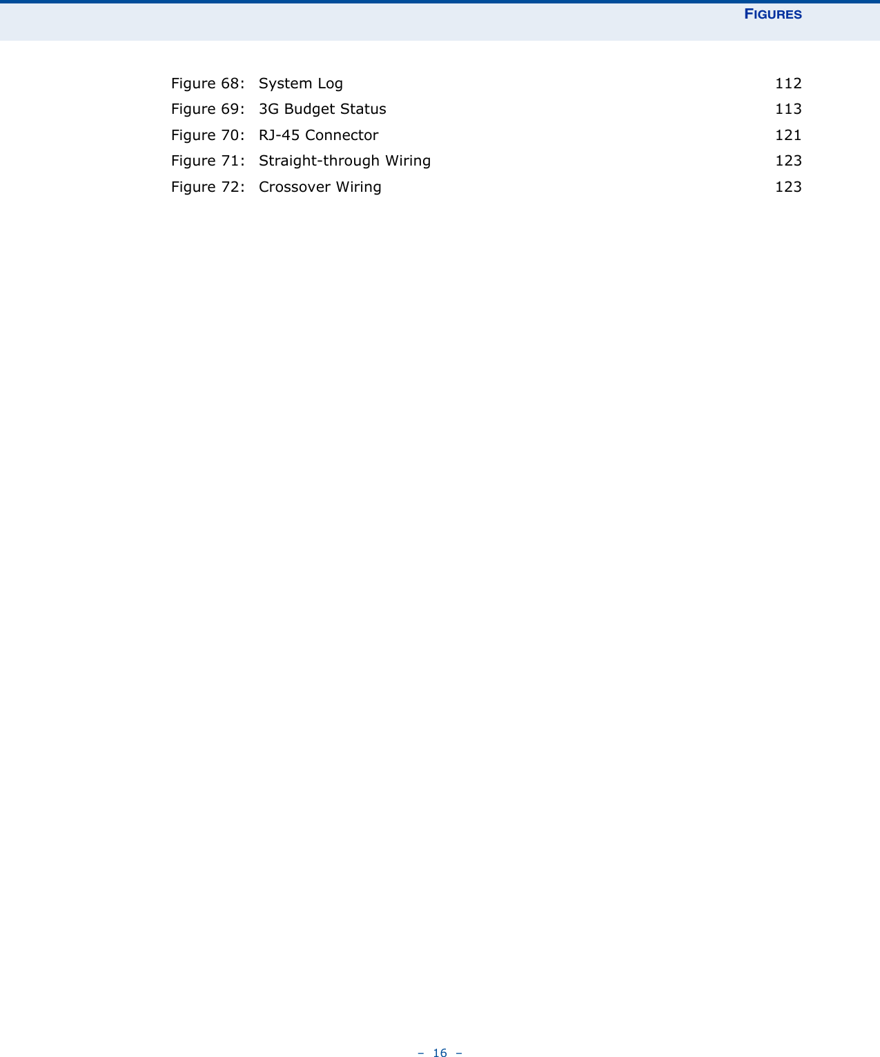 FIGURES–  16  –Figure 68: System Log 112Figure 69: 3G Budget Status 113Figure 70: RJ-45 Connector 121Figure 71: Straight-through Wiring 123Figure 72: Crossover Wiring 123