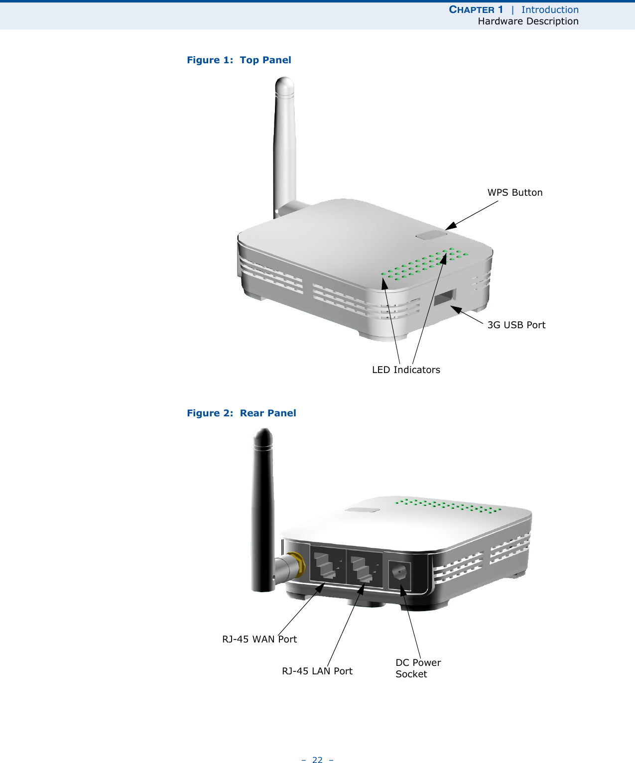 CHAPTER 1  |  IntroductionHardware Description–  22  –Figure 1:  Top PanelFigure 2:  Rear PanelLED IndicatorsWPS Button3G USB PortRJ-45 WAN PortRJ-45 LAN Port DC Power Socket