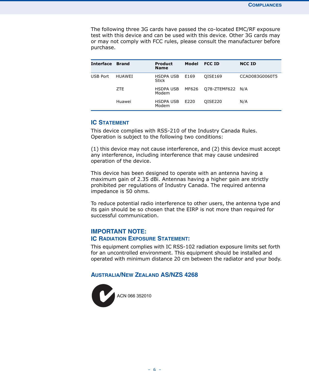 COMPLIANCES–  6  –The following three 3G cards have passed the co-located EMC/RF exposure test with this device and can be used with this device. Other 3G cards may or may not comply with FCC rules, please consult the manufacturer before purchase.IC STATEMENTThis device complies with RSS-210 of the Industry Canada Rules. Operation is subject to the following two conditions:(1) this device may not cause interference, and (2) this device must accept any interference, including interference that may cause undesired operation of the device.This device has been designed to operate with an antenna having a maximum gain of 2.35 dBi. Antennas having a higher gain are strictly prohibited per regulations of Industry Canada. The required antenna impedance is 50 ohms.To reduce potential radio interference to other users, the antenna type and its gain should be so chosen that the EIRP is not more than required for successful communication.IMPORTANT NOTE:IC RADIATION EXPOSURE STATEMENT:This equipment complies with IC RSS-102 radiation exposure limits set forth for an uncontrolled environment. This equipment should be installed and operated with minimum distance 20 cm between the radiator and your body.AUSTRALIA/NEW ZEALAND AS/NZS 4268Interface Brand Product NameModel FCC ID NCC IDUSB Port     HUAWEI THSDPA USB StickE169 QISE169 CCAD083G0060T5ZTE HSDPA USB ModemMF626 Q78-ZTEMF622 N/AHuawei HSDPA USB ModemE220 QISE220 N/AACN 066 352010