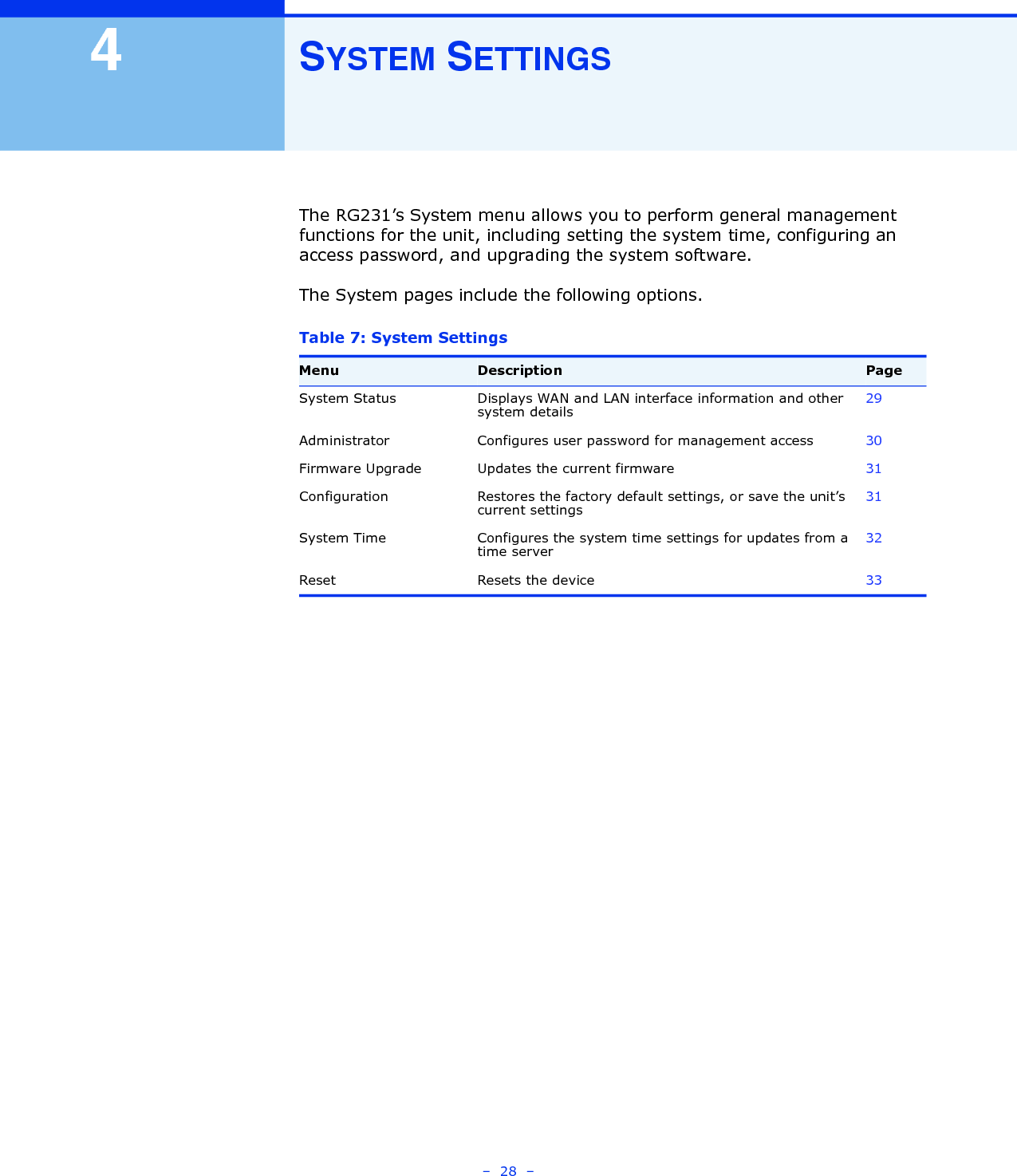 –  28  –4SYSTEM SETTINGSThe RG231’s System menu allows you to perform general management functions for the unit, including setting the system time, configuring an access password, and upgrading the system software.The System pages include the following options.Table 7: System SettingsMenu Description PageSystem Status Displays WAN and LAN interface information and other system details29Administrator Configures user password for management access30Firmware Upgrade Updates the current firmware 31Configuration Restores the factory default settings, or save the unit’s current settings31System Time Configures the system time settings for updates from a time server32Reset Resets the device 33