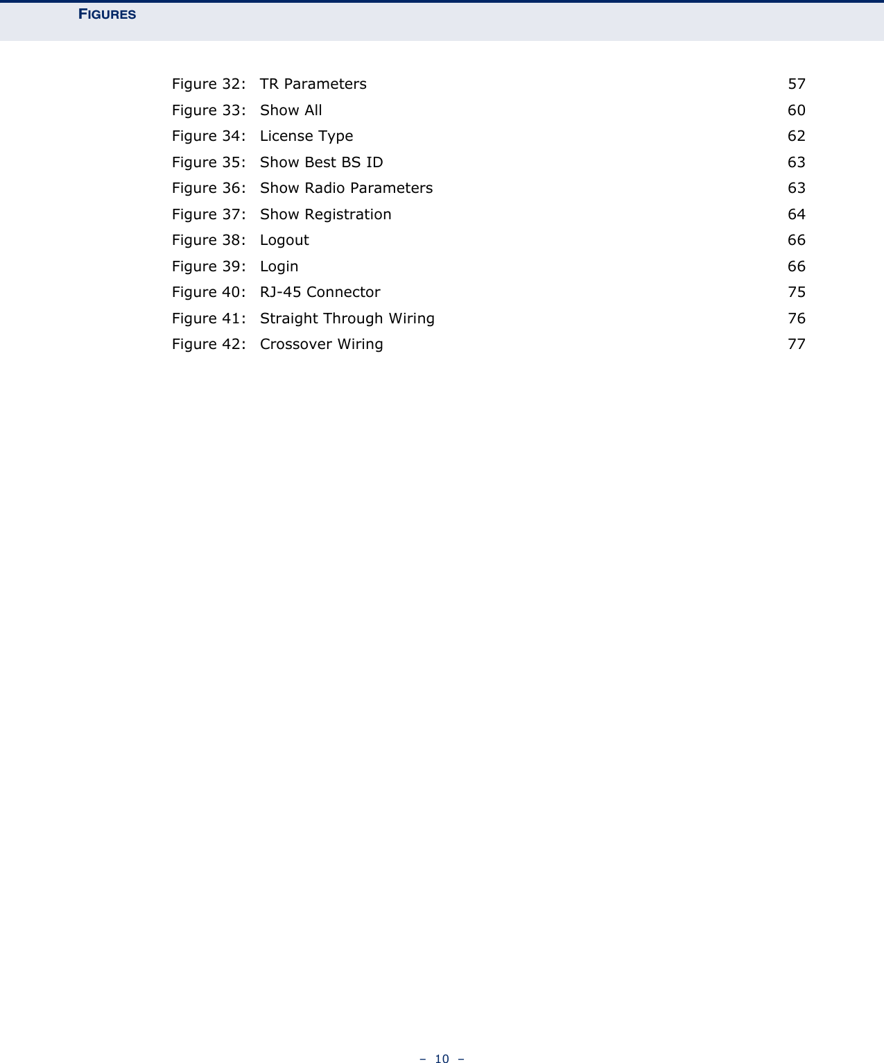 FIGURES–  10  –Figure 32: TR Parameters 57Figure 33: Show All 60Figure 34: License Type 62Figure 35: Show Best BS ID 63Figure 36: Show Radio Parameters 63Figure 37: Show Registration 64Figure 38: Logout 66Figure 39: Login 66Figure 40: RJ-45 Connector 75Figure 41: Straight Through Wiring 76Figure 42: Crossover Wiring 77