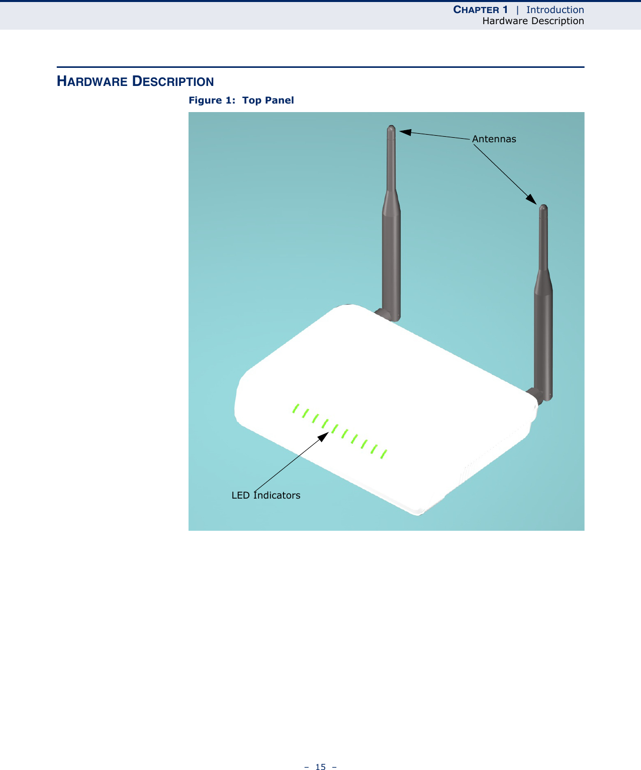 CHAPTER 1  |  IntroductionHardware Description–  15  –HARDWARE DESCRIPTIONFigure 1:  Top PanelLED IndicatorsAntennas