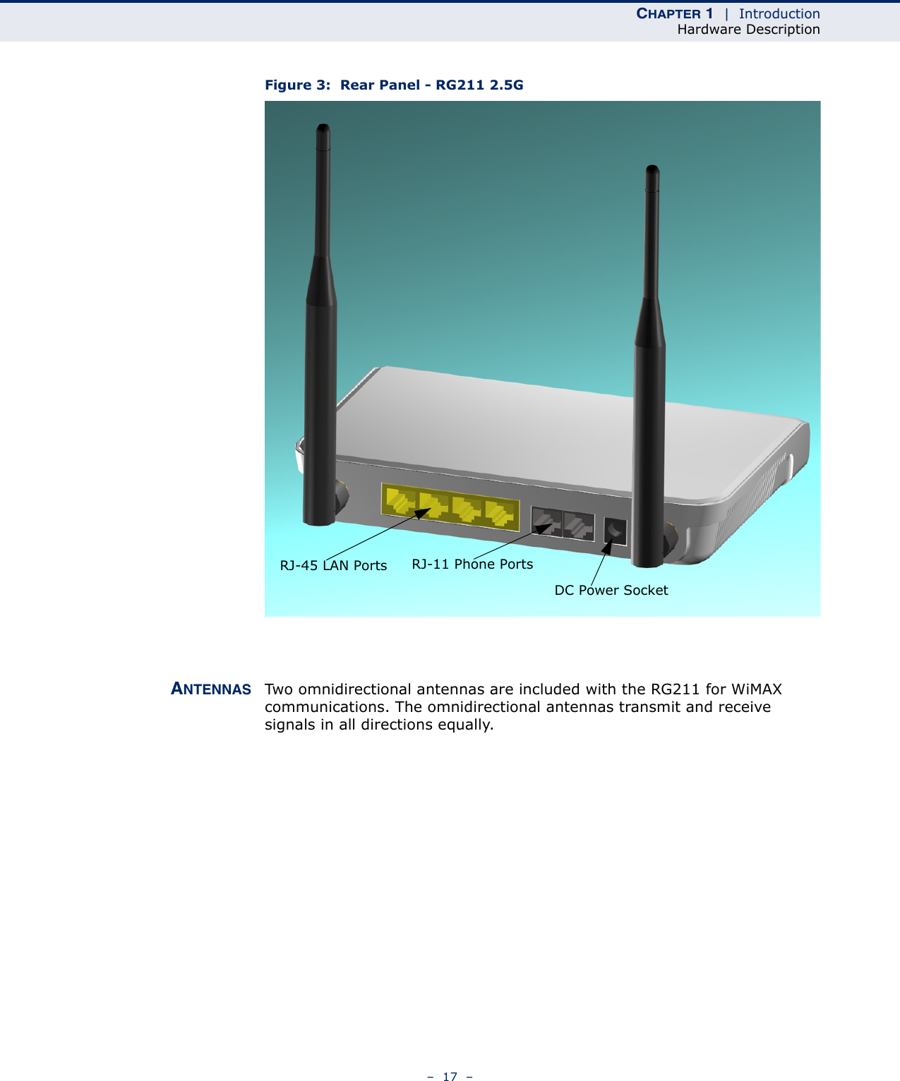 CHAPTER 1  |  IntroductionHardware Description–  17  –Figure 3:  Rear Panel - RG211 2.5GANTENNAS Two omnidirectional antennas are included with the RG211 for WiMAX communications. The omnidirectional antennas transmit and receive signals in all directions equally.DC Power SocketRJ-45 LAN Ports RJ-11 Phone Ports