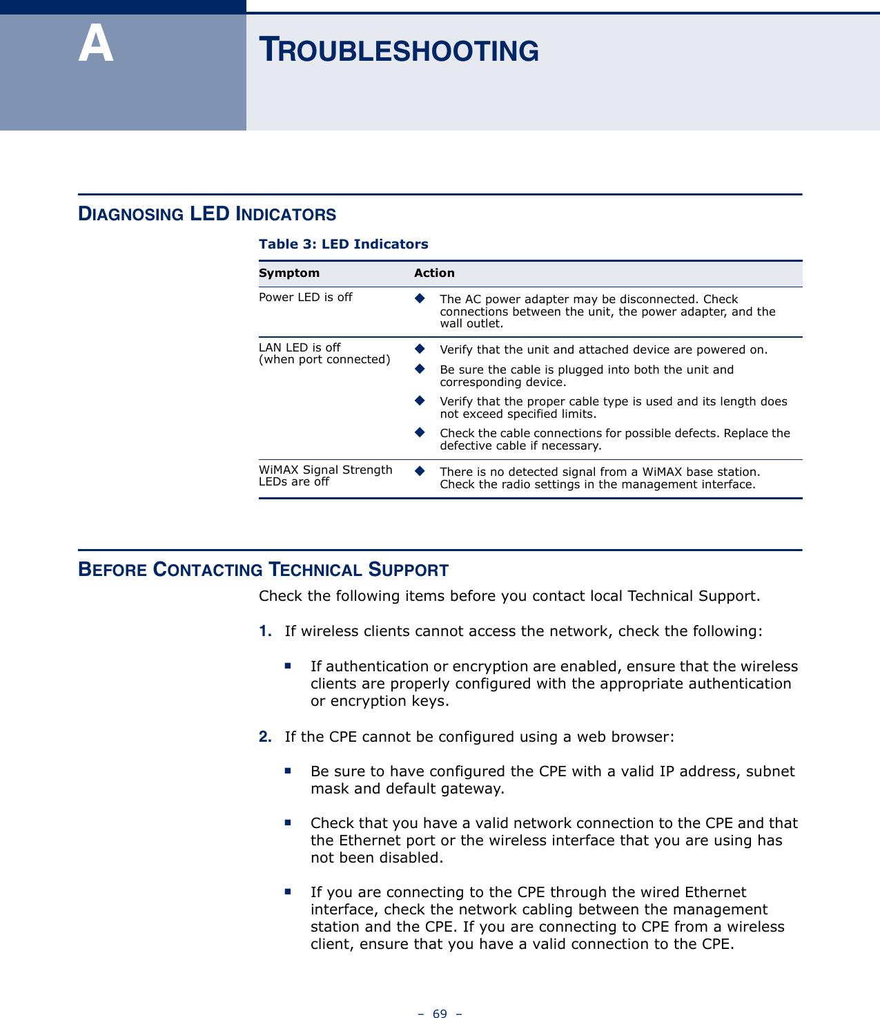 –  69  –ATROUBLESHOOTINGDIAGNOSING LED INDICATORS BEFORE CONTACTING TECHNICAL SUPPORTCheck the following items before you contact local Technical Support.1. If wireless clients cannot access the network, check the following:■If authentication or encryption are enabled, ensure that the wireless clients are properly configured with the appropriate authentication or encryption keys.2. If the CPE cannot be configured using a web browser:■Be sure to have configured the CPE with a valid IP address, subnet mask and default gateway.■Check that you have a valid network connection to the CPE and that the Ethernet port or the wireless interface that you are using has not been disabled.■If you are connecting to the CPE through the wired Ethernet interface, check the network cabling between the management station and the CPE. If you are connecting to CPE from a wireless client, ensure that you have a valid connection to the CPE.Table 3: LED IndicatorsSymptom ActionPower LED is off ◆The AC power adapter may be disconnected. Check connections between the unit, the power adapter, and the wall outlet.LAN LED is off (when port connected)◆Verify that the unit and attached device are powered on.◆Be sure the cable is plugged into both the unit and corresponding device.◆Verify that the proper cable type is used and its length does not exceed specified limits.◆Check the cable connections for possible defects. Replace the defective cable if necessary.WiMAX Signal Strength LEDs are off◆There is no detected signal from a WiMAX base station. Check the radio settings in the management interface.
