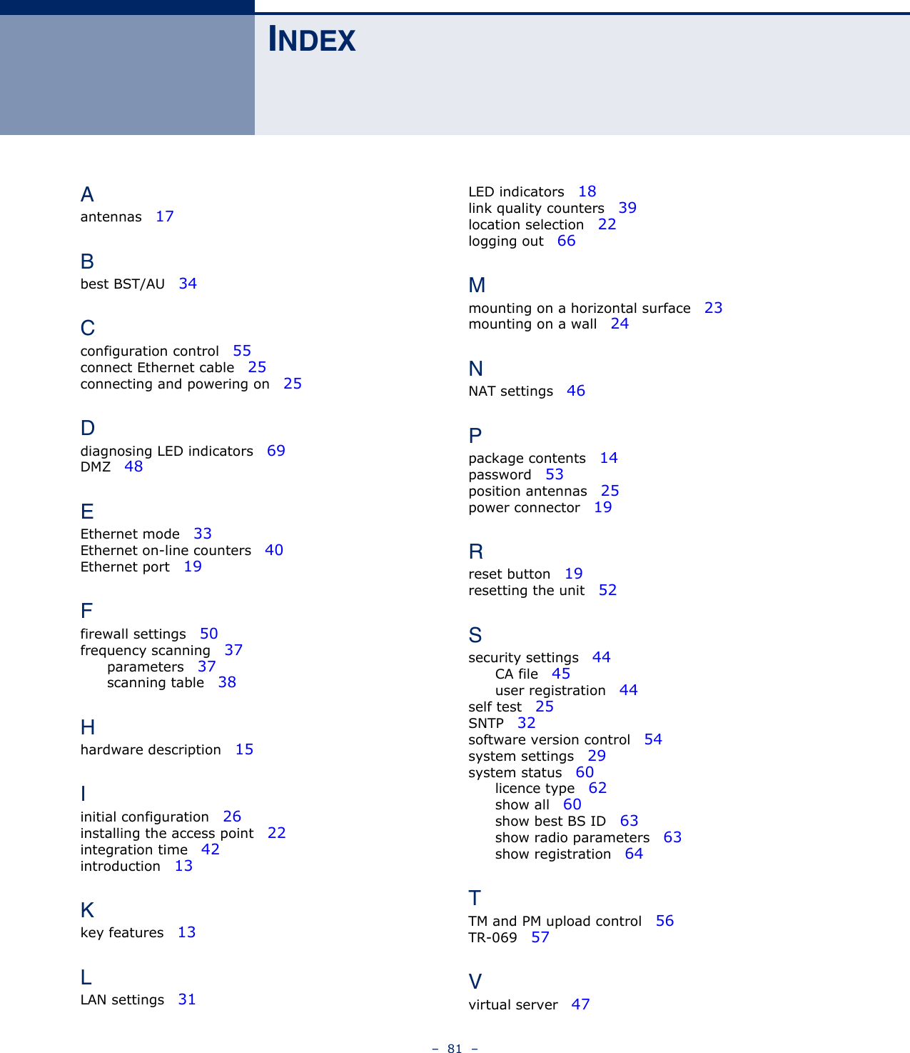 –  81  –INDEXAantennas   17Bbest BST/AU   34Cconfiguration control   55connect Ethernet cable   25connecting and powering on   25Ddiagnosing LED indicators   69DMZ   48EEthernet mode   33Ethernet on-line counters   40Ethernet port   19Ffirewall settings   50frequency scanning   37parameters   37scanning table   38Hhardware description   15Iinitial configuration   26installing the access point   22integration time   42introduction   13Kkey features   13LLAN settings   31LED indicators   18link quality counters   39location selection   22logging out   66Mmounting on a horizontal surface   23mounting on a wall   24NNAT settings   46Ppackage contents   14password   53position antennas   25power connector   19Rreset button   19resetting the unit   52Ssecurity settings   44CA file   45user registration   44self test   25SNTP   32software version control   54system settings   29system status   60licence type   62show all   60show best BS ID   63show radio parameters   63show registration   64TTM and PM upload control   56TR-069   57Vvirtual server   47