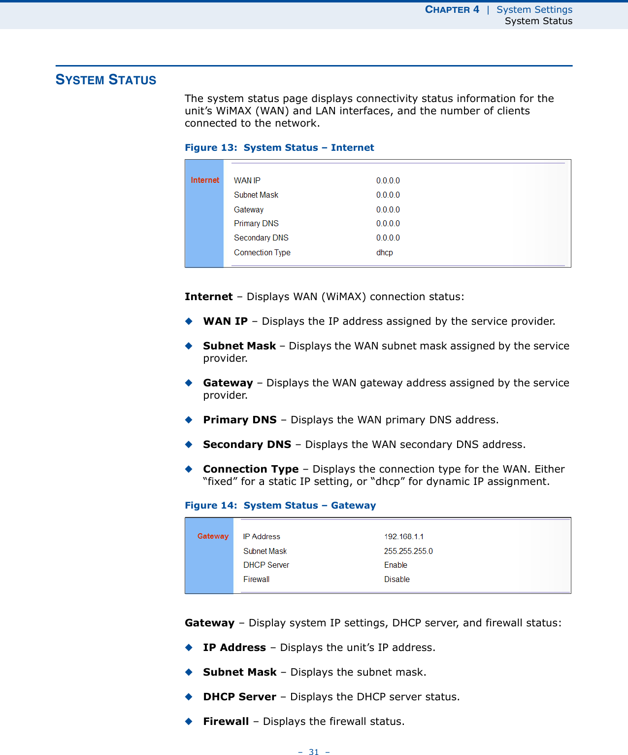 CHAPTER 4  |  System SettingsSystem Status–  31  –SYSTEM STATUSThe system status page displays connectivity status information for the unit’s WiMAX (WAN) and LAN interfaces, and the number of clients connected to the network.Figure 13:  System Status – InternetInternet – Displays WAN (WiMAX) connection status:◆WAN IP – Displays the IP address assigned by the service provider.◆Subnet Mask – Displays the WAN subnet mask assigned by the service provider.◆Gateway – Displays the WAN gateway address assigned by the service provider.◆Primary DNS – Displays the WAN primary DNS address.◆Secondary DNS – Displays the WAN secondary DNS address.◆Connection Type – Displays the connection type for the WAN. Either “fixed” for a static IP setting, or “dhcp” for dynamic IP assignment.Figure 14:  System Status – GatewayGateway – Display system IP settings, DHCP server, and firewall status:◆IP Address – Displays the unit’s IP address.◆Subnet Mask – Displays the subnet mask.◆DHCP Server – Displays the DHCP server status.◆Firewall – Displays the firewall status.