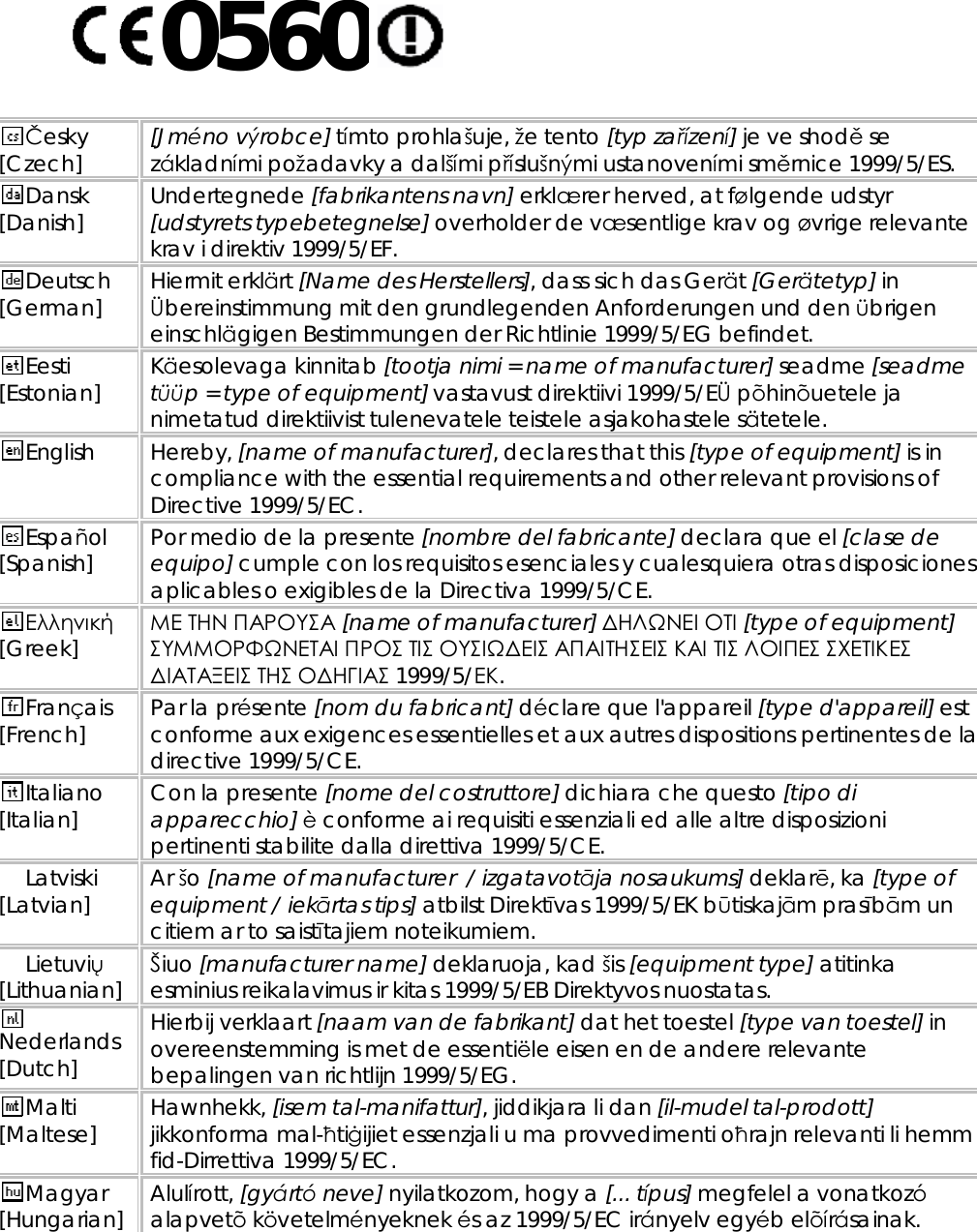 0560   Česky [Czech]  [Jméno výrobce] tímto prohlašuje, že tento [typ zařízení] je ve shodě se základními požadavky a dalšími příslušnými ustanoveními směrnice 1999/5/ES. Dansk [Danish]  Undertegnede [fabrikantens navn] erklærer herved, at følgende udstyr [udstyrets typebetegnelse] overholder de væsentlige krav og øvrige relevante krav i direktiv 1999/5/EF. Deutsch [German]  Hiermit erklärt [Name des Herstellers], dass sich das Gerät [Gerätetyp] in Übereinstimmung mit den grundlegenden Anforderungen und den übrigen einschlägigen Bestimmungen der Richtlinie 1999/5/EG befindet. Eesti [Estonian]  Käesolevaga kinnitab [tootja nimi = name of manufacturer] seadme [seadme tüüp = type of equipment] vastavust direktiivi 1999/5/EÜ põhinõuetele ja nimetatud direktiivist tulenevatele teistele asjakohastele sätetele. English  Hereby, [name of manufacturer], declares that this [type of equipment] is in compliance with the essential requirements and other relevant provisions of Directive 1999/5/EC. Español [Spanish]  Por medio de la presente [nombre del fabricante] declara que el [clase de equipo] cumple con los requisitos esenciales y cualesquiera otras disposiciones aplicables o exigibles de la Directiva 1999/5/CE. Ελληνική [Greek]  ΜΕ ΤΗΝ ΠΑΡΟΥΣΑ [name of manufacturer] ΔΗΛΩΝΕΙ ΟΤΙ [type of equipment] ΣΥΜΜΟΡΦΩΝΕΤΑΙ ΠΡΟΣ ΤΙΣ ΟΥΣΙΩΔΕΙΣ ΑΠΑΙΤΗΣΕΙΣ ΚΑΙ ΤΙΣ ΛΟΙΠΕΣ ΣΧΕΤΙΚΕΣ ΔΙΑΤΑΞΕΙΣ ΤΗΣ ΟΔΗΓΙΑΣ 1999/5/ΕΚ. Français [French]  Par la présente [nom du fabricant] déclare que l&apos;appareil [type d&apos;appareil] est conforme aux exigences essentielles et aux autres dispositions pertinentes de la directive 1999/5/CE. Italiano [Italian]  Con la presente [nome del costruttore] dichiara che questo [tipo di apparecchio] è conforme ai requisiti essenziali ed alle altre disposizioni pertinenti stabilite dalla direttiva 1999/5/CE. Latviski [Latvian]  Ar šo [name of manufacturer  / izgatavotāja nosaukums] deklarē, ka [type of equipment / iekārtas tips] atbilst Direktīvas 1999/5/EK būtiskajām prasībām un citiem ar to saistītajiem noteikumiem. Lietuvių [Lithuanian]  Šiuo [manufacturer name] deklaruoja, kad šis [equipment type] atitinka esminius reikalavimus ir kitas 1999/5/EB Direktyvos nuostatas. Nederlands [Dutch] Hierbij verklaart [naam van de fabrikant] dat het toestel [type van toestel] in overeenstemming is met de essentiële eisen en de andere relevante bepalingen van richtlijn 1999/5/EG. Malti [Maltese]  Hawnhekk, [isem tal-manifattur], jiddikjara li dan [il-mudel tal-prodott] jikkonforma mal-ħtiġijiet essenzjali u ma provvedimenti oħrajn relevanti li hemm fid-Dirrettiva 1999/5/EC. Magyar [Hungarian] Alulírott, [gyártó neve] nyilatkozom, hogy a [... típus] megfelel a vonatkozó alapvetõ követelményeknek és az 1999/5/EC irányelv egyéb elõírásainak. 