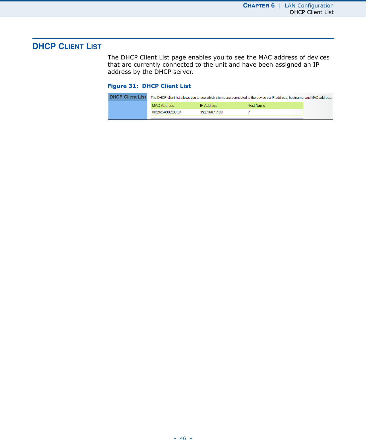 CHAPTER 6  |  LAN ConfigurationDHCP Client List–  46  –DHCP CLIENT LISTThe DHCP Client List page enables you to see the MAC address of devices that are currently connected to the unit and have been assigned an IP address by the DHCP server.Figure 31:  DHCP Client List