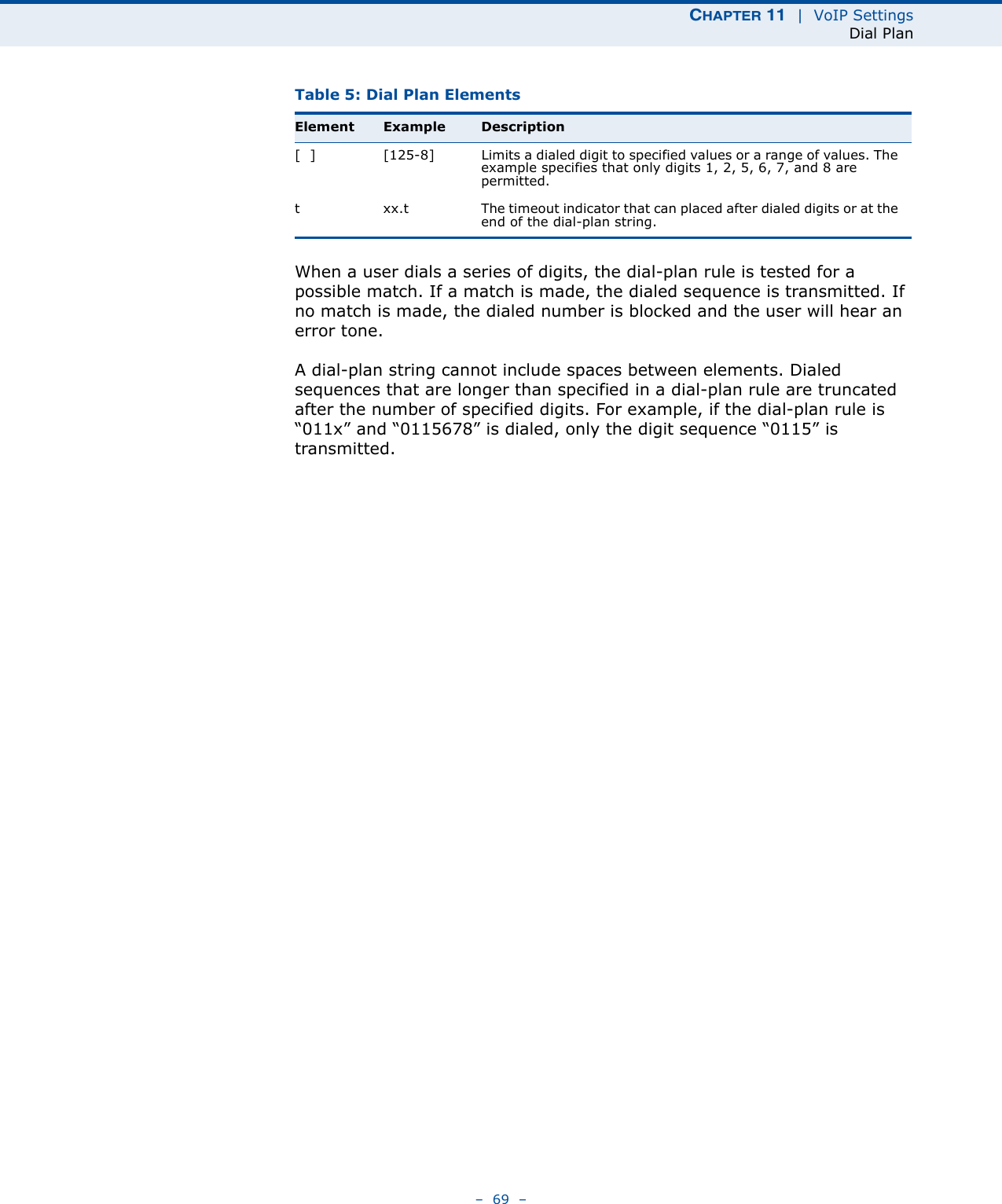 CHAPTER 11  |  VoIP SettingsDial Plan–  69  –When a user dials a series of digits, the dial-plan rule is tested for a possible match. If a match is made, the dialed sequence is transmitted. If no match is made, the dialed number is blocked and the user will hear an error tone.A dial-plan string cannot include spaces between elements. Dialed sequences that are longer than specified in a dial-plan rule are truncated after the number of specified digits. For example, if the dial-plan rule is “011x” and “0115678” is dialed, only the digit sequence “0115” is transmitted. [  ] [125-8] Limits a dialed digit to specified values or a range of values. The example specifies that only digits 1, 2, 5, 6, 7, and 8 are permitted.t xx.t The timeout indicator that can placed after dialed digits or at the end of the dial-plan string.Table 5: Dial Plan ElementsElement Example Description