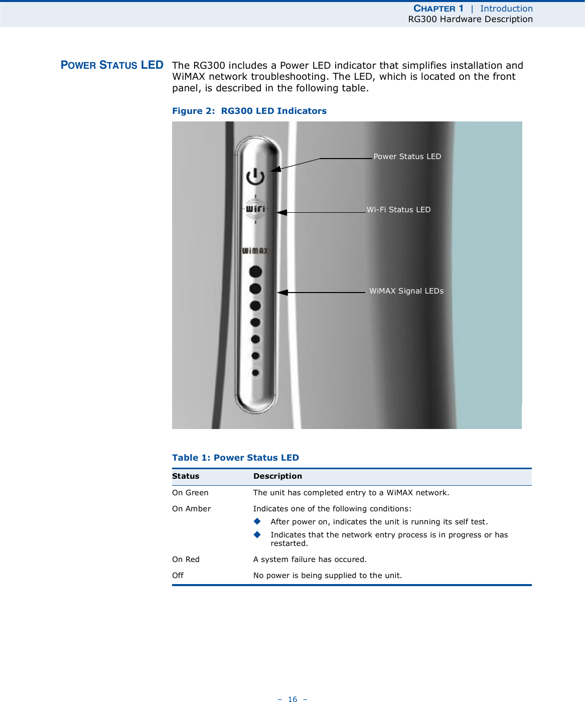 ÝØßÐÌÛÎ ï  |  IntroductionRG300 Hardware Description   16   ÐÑÉÛÎ ÍÌßÌËÍ ÔÛÜ The RG300 includes a Power LED indicator that simplifies installation and WiMAX network troubleshooting. The LED, which is located on the front panel, is described in the following table.Figure 2:  RG300 LED IndicatorsTable 1: Power Status LEDStatus DescriptionOn GreenThe unit has completed entry to a WiMAX network.On AmberIndicates one of the following conditions:After power on, indicates the unit is running its self test.Indicates that the network entry process is in progress or has restarted.On RedA system failure has occured.OffNo power is being supplied to the unit.Power Status LEDWi-Fi Status LEDWiMAX Signal LEDs