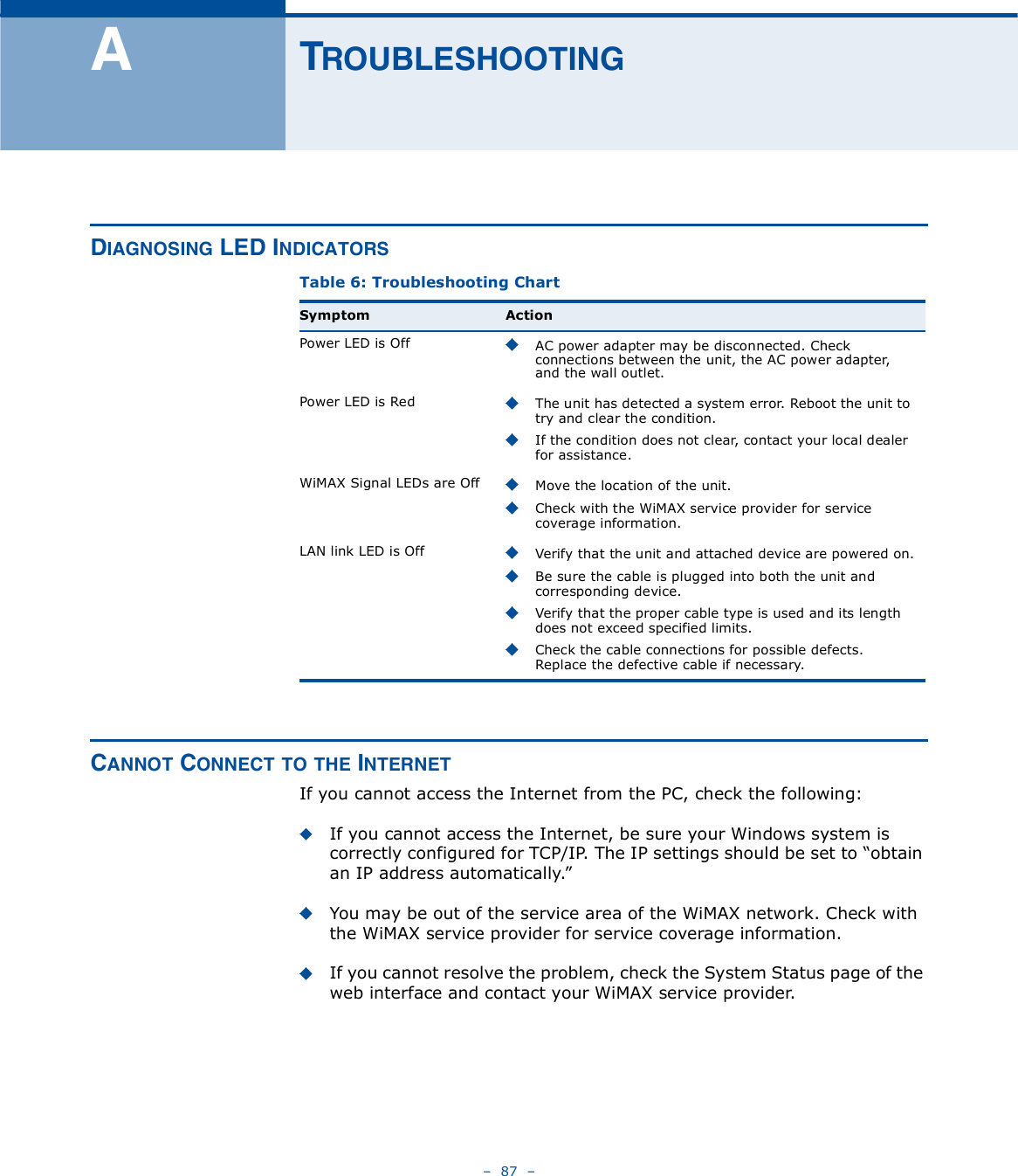    87   ßÌÎÑËÞÔÛÍØÑÑÌ×ÒÙÜ×ßÙÒÑÍ×ÒÙ ÔÛÜ ×ÒÜ×ÝßÌÑÎÍÝßÒÒÑÌ ÝÑÒÒÛÝÌ ÌÑ ÌØÛ ×ÒÌÛÎÒÛÌIf you cannot access the Internet from the PC, check the following:If you cannot access the Internet, be sure your Windows system is correctly configured for TCP/IP. The IP settings should be set to &quot;obtain an IP address automatically.#You may be out of the service area of the WiMAX network. Check with the WiMAX service provider for service coverage information.If you cannot resolve the problem, check the System Status page of the web interface and contact your WiMAX service provider.Table 6: Troubleshooting ChartSymptom ActionPower LED is Off AC power adapter may be disconnected. Check connections between the unit, the AC power adapter, and the wall outlet.Power LED is Red The unit has detected a system error. Reboot the unit to try and clear the condition.If the condition does not clear, contact your local dealer for assistance.WiMAX Signal LEDs are Off Move the location of the unit.Check with the WiMAX service provider for service coverage information.LAN link LED is Off Verify that the unit and attached device are powered on.Be sure the cable is plugged into both the unit and corresponding device.Verify that the proper cable type is used and its length does not exceed specified limits.Check the cable connections for possible defects. Replace the defective cable if necessary. 