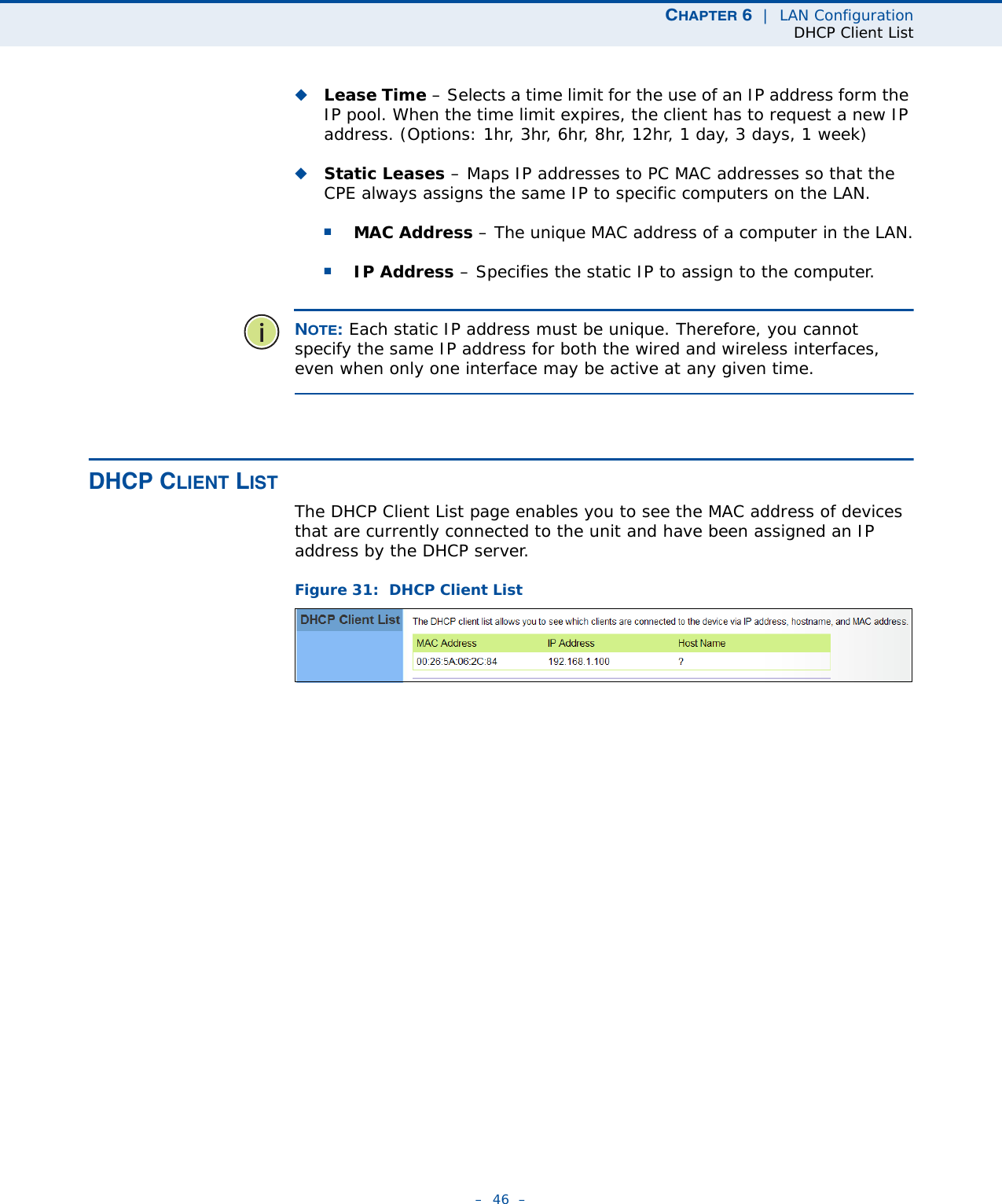 CHAPTER 6  |  LAN ConfigurationDHCP Client List–  46  –◆Lease Time – Selects a time limit for the use of an IP address form the IP pool. When the time limit expires, the client has to request a new IP address. (Options: 1hr, 3hr, 6hr, 8hr, 12hr, 1 day, 3 days, 1 week)◆Static Leases – Maps IP addresses to PC MAC addresses so that the CPE always assigns the same IP to specific computers on the LAN. ■MAC Address – The unique MAC address of a computer in the LAN.■IP Address – Specifies the static IP to assign to the computer. NOTE: Each static IP address must be unique. Therefore, you cannot specify the same IP address for both the wired and wireless interfaces, even when only one interface may be active at any given time.DHCP CLIENT LISTThe DHCP Client List page enables you to see the MAC address of devices that are currently connected to the unit and have been assigned an IP address by the DHCP server.Figure 31:  DHCP Client List