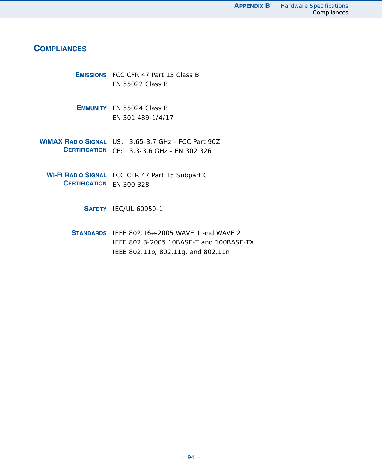 APPENDIX B  |  Hardware SpecificationsCompliances–  94  –COMPLIANCESEMISSIONS FCC CFR 47 Part 15 Class BEN 55022 Class BEMMUNITY EN 55024 Class BEN 301 489-1/4/17WIMAX RADIO SIGNALCERTIFICATIONUS:  3.65-3.7 GHz - FCC Part 90ZCE:  3.3-3.6 GHz - EN 302 326WI-FI RADIO SIGNALCERTIFICATIONFCC CFR 47 Part 15 Subpart CEN 300 328SAFETY IEC/UL 60950-1STANDARDS IEEE 802.16e-2005 WAVE 1 and WAVE 2IEEE 802.3-2005 10BASE-T and 100BASE-TX IEEE 802.11b, 802.11g, and 802.11n