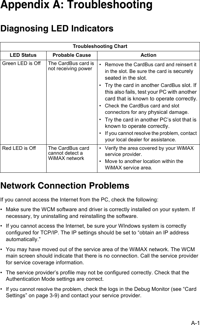 A-1Appendix A: TroubleshootingDiagnosing LED IndicatorsNetwork Connection ProblemsIf you cannot access the Internet from the PC, check the following:• Make sure the WCM software and driver is correctly installed on your system. If necessary, try uninstalling and reinstalling the software.• If you cannot access the Internet, be sure your WIndows system is correctly configured for TCP/IP. The IP settings should be set to “obtain an IP address automatically.”• You may have moved out of the service area of the WiMAX network. The WCM main screen should indicate that there is no connection. Call the service provider for service coverage information.• The service provider’s profile may not be configured correctly. Check that the Authentication Mode settings are correct.•If you cannot resolve the problem, check the logs in the Debug Monitor (see “Card Settings” on page 3-9) and contact your service provider.Troubleshooting ChartLED Status Probable Cause ActionGreen LED is Off The CardBus card is not receiving power • Remove the CardBus card and reinsert it in the slot. Be sure the card is securely seated in the slot.•Try the card in another CardBus slot. If this also fails, test your PC with another card that is known to operate correctly.• Check the CardBus card and slot  connectors for any physical damage.•Try the card in another PC’s slot that is known to operate correctly.• If you cannot resolve the problem, contact your local dealer for assistance.Red LED is Off The CardBus card cannot detect a WiMAX network• Verify the area covered by your WiMAX service provider.• Move to another location within the WiMAX service area.