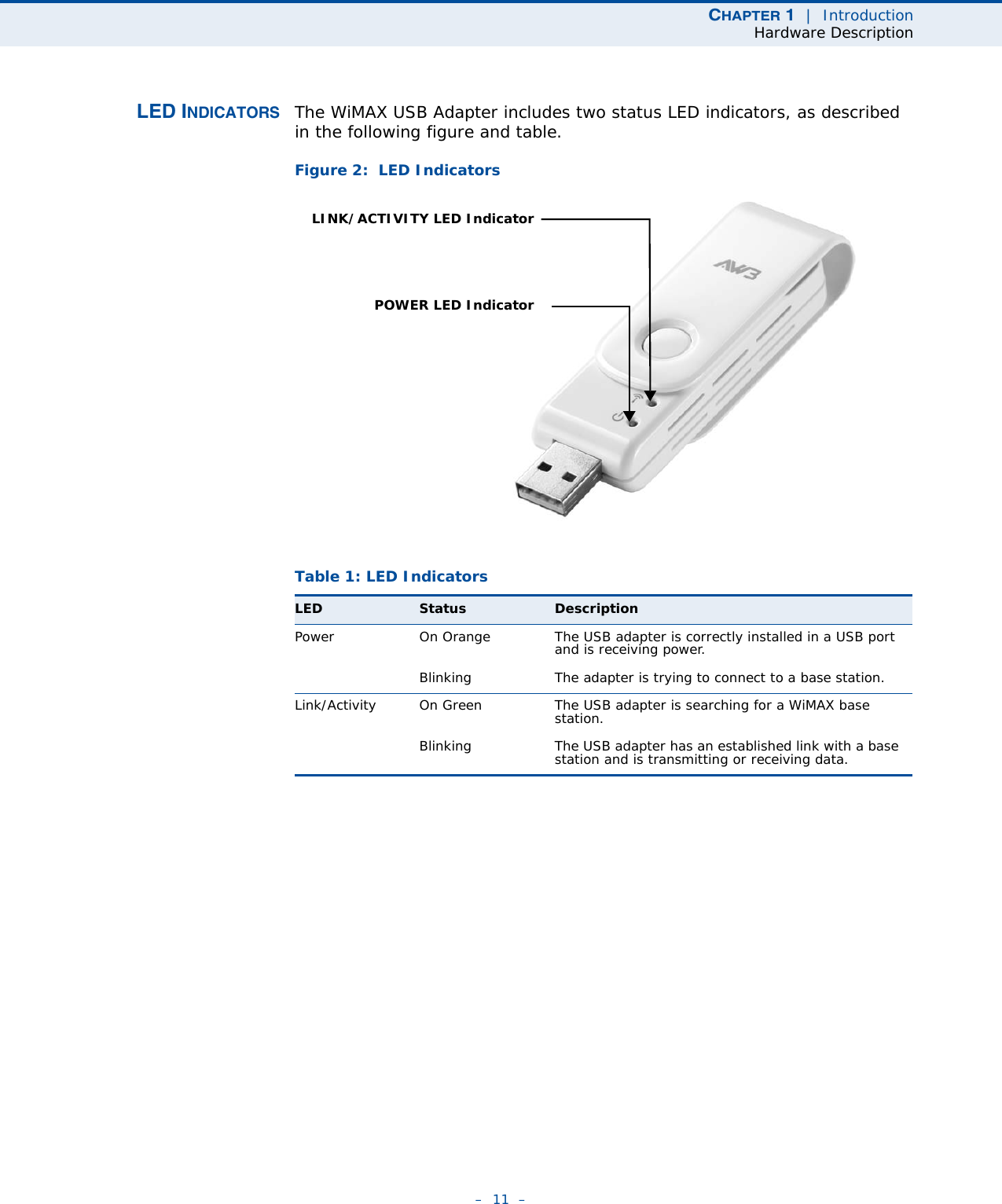 CHAPTER 1  |  IntroductionHardware Description–  11  –LED INDICATORS The WiMAX USB Adapter includes two status LED indicators, as described in the following figure and table.Figure 2:  LED IndicatorsTable 1: LED IndicatorsLED Status DescriptionPower On Orange The USB adapter is correctly installed in a USB port and is receiving power.Blinking The adapter is trying to connect to a base station.Link/Activity On Green The USB adapter is searching for a WiMAX base station.Blinking The USB adapter has an established link with a base station and is transmitting or receiving data.LINK/ACTIVITY LED IndicatorPOWER LED Indicator