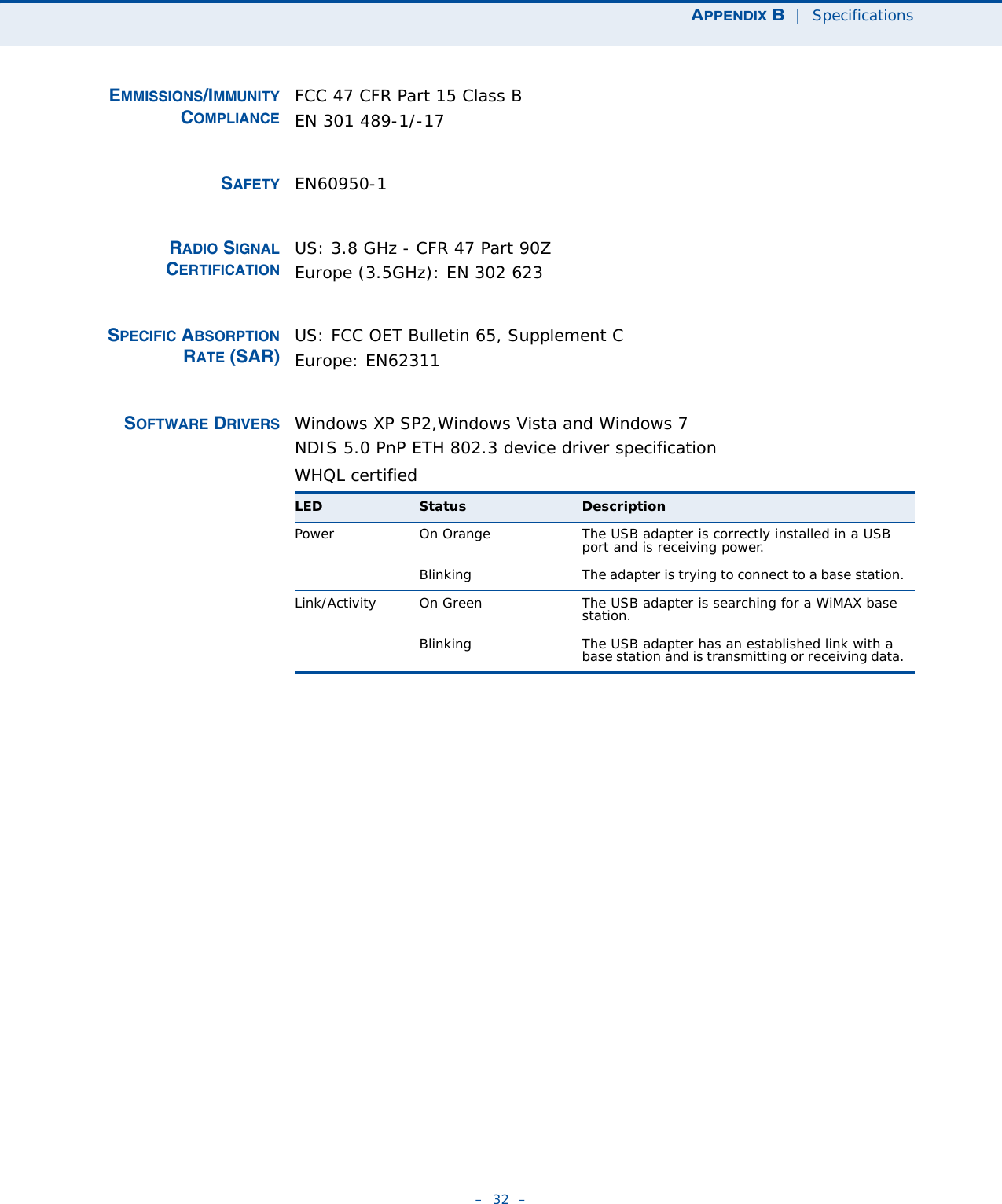 APPENDIX B  |  Specifications–  32  –EMMISSIONS/IMMUNITYCOMPLIANCEFCC 47 CFR Part 15 Class BEN 301 489-1/-17SAFETY EN60950-1RADIO SIGNALCERTIFICATIONUS: 3.8 GHz - CFR 47 Part 90ZEurope (3.5GHz): EN 302 623SPECIFIC ABSORPTIONRATE (SAR)US: FCC OET Bulletin 65, Supplement CEurope: EN62311SOFTWARE DRIVERS Windows XP SP2,Windows Vista and Windows 7NDIS 5.0 PnP ETH 802.3 device driver specificationWHQL certified  LED Status DescriptionPower On Orange The USB adapter is correctly installed in a USB port and is receiving power.Blinking The adapter is trying to connect to a base station.Link/Activity On Green The USB adapter is searching for a WiMAX base station.Blinking The USB adapter has an established link with a base station and is transmitting or receiving data.