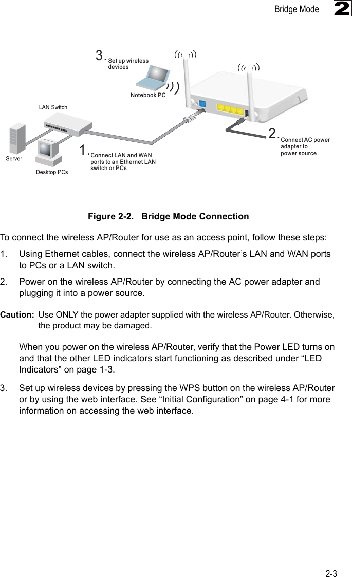 Bridge Mode2-32Figure 2-2.   Bridge Mode ConnectionTo connect the wireless AP/Router for use as an access point, follow these steps:1. Using Ethernet cables, connect the wireless AP/Router’s LAN and WAN ports to PCs or a LAN switch.2. Power on the wireless AP/Router by connecting the AC power adapter and plugging it into a power source.Caution: Use ONLY the power adapter supplied with the wireless AP/Router. Otherwise, the product may be damaged.When you power on the wireless AP/Router, verify that the Power LED turns on and that the other LED indicators start functioning as described under “LED Indicators” on page 1-3.3. Set up wireless devices by pressing the WPS button on the wireless AP/Router or by using the web interface. See “Initial Configuration” on page 4-1 for more information on accessing the web interface.3.Set up wirelessdevicesNotebook PC2.Connect AC poweradapter topower source1.Connect LAN and WANports to an Ethernet LANswitch or PCs