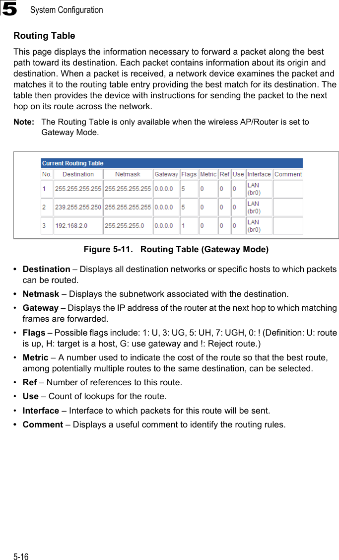 System Configuration5-165Routing TableThis page displays the information necessary to forward a packet along the best path toward its destination. Each packet contains information about its origin and destination. When a packet is received, a network device examines the packet and matches it to the routing table entry providing the best match for its destination. The table then provides the device with instructions for sending the packet to the next hop on its route across the network.Note: The Routing Table is only available when the wireless AP/Router is set to Gateway Mode.Figure 5-11.   Routing Table (Gateway Mode)• Destination – Displays all destination networks or specific hosts to which packets can be routed.•Netmask – Displays the subnetwork associated with the destination.•Gateway – Displays the IP address of the router at the next hop to which matching frames are forwarded.•Flags – Possible flags include: 1: U, 3: UG, 5: UH, 7: UGH, 0: ! (Definition: U: route is up, H: target is a host, G: use gateway and !: Reject route.)•Metric – A number used to indicate the cost of the route so that the best route, among potentially multiple routes to the same destination, can be selected.•Ref – Number of references to this route.•Use – Count of lookups for the route.•Interface – Interface to which packets for this route will be sent.• Comment – Displays a useful comment to identify the routing rules.