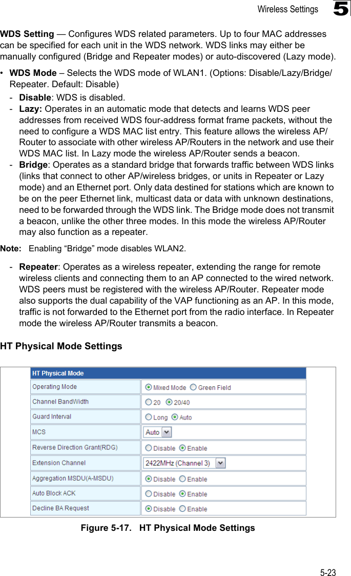 Wireless Settings5-235WDS Setting — Configures WDS related parameters. Up to four MAC addresses can be specified for each unit in the WDS network. WDS links may either be manually configured (Bridge and Repeater modes) or auto-discovered (Lazy mode).•WDS Mode – Selects the WDS mode of WLAN1. (Options: Disable/Lazy/Bridge/Repeater. Default: Disable)-Disable: WDS is disabled.-Lazy: Operates in an automatic mode that detects and learns WDS peer addresses from received WDS four-address format frame packets, without the need to configure a WDS MAC list entry. This feature allows the wireless AP/Router to associate with other wireless AP/Routers in the network and use their WDS MAC list. In Lazy mode the wireless AP/Router sends a beacon.-Bridge: Operates as a standard bridge that forwards traffic between WDS links (links that connect to other AP/wireless bridges, or units in Repeater or Lazy mode) and an Ethernet port. Only data destined for stations which are known to be on the peer Ethernet link, multicast data or data with unknown destinations, need to be forwarded through the WDS link. The Bridge mode does not transmit a beacon, unlike the other three modes. In this mode the wireless AP/Router may also function as a repeater. Note: Enabling “Bridge” mode disables WLAN2.-Repeater: Operates as a wireless repeater, extending the range for remote wireless clients and connecting them to an AP connected to the wired network. WDS peers must be registered with the wireless AP/Router. Repeater mode also supports the dual capability of the VAP functioning as an AP. In this mode, traffic is not forwarded to the Ethernet port from the radio interface. In Repeater mode the wireless AP/Router transmits a beacon.HT Physical Mode SettingsFigure 5-17.   HT Physical Mode Settings