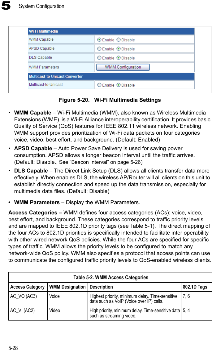 System Configuration5-285 Figure 5-20.   Wi-Fi Multimedia Settings •WMM Capable – Wi-Fi Multimedia (WMM), also known as Wireless Multimedia Extensions (WME), is a Wi-Fi Alliance interoperability certification. It provides basic Quality of Service (QoS) features for IEEE 802.11 wireless network. Enabling WMM support provides prioritization of Wi-Fi data packets on four categories voice, video, best effort, and background. (Default: Enabled)•APSD Capable – Auto Power Save Delivery is used for saving power consumption. APSD allows a longer beacon interval until the traffic arrives. (Default: Disable., See “Beacon Interval” on page 5-26)•DLS Capable – The Direct Link Setup (DLS) allows all clients transfer data more effectively. When enables DLS, the wireless AP/Router will all clients on this unit to establish directly connection and speed up the data transmission, especially for multimedia data files. (Default: Disable)• WMM Parameters – Display the WMM Parameters.Access Categories – WMM defines four access categories (ACs): voice, video, best effort, and background. These categories correspond to traffic priority levels and are mapped to IEEE 802.1D priority tags (see Table 5-1). The direct mapping of the four ACs to 802.1D priorities is specifically intended to facilitate inter operability with other wired network QoS policies. While the four ACs are specified for specific types of traffic, WMM allows the priority levels to be configured to match any network-wide QoS policy. WMM also specifies a protocol that access points can use to communicate the configured traffic priority levels to QoS-enabled wireless clients.Table 5-2. WMM Access CategoriesAccess Category WMM Designation Description 802.1D TagsAC_VO (AC3) Voice Highest priority, minimum delay. Time-sensitive data such as VoIP (Voice over IP) calls.7, 6AC_VI (AC2) Video High priority, minimum delay. Time-sensitive data such as streaming video.5, 4