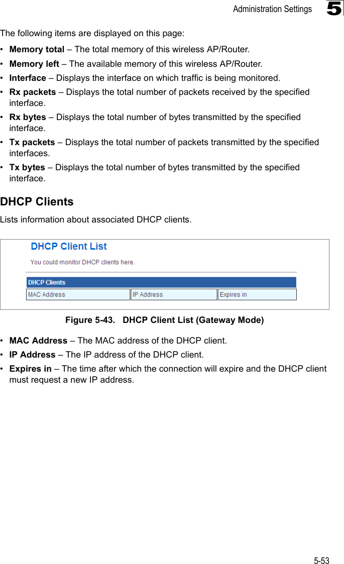 Administration Settings5-535The following items are displayed on this page:•Memory total – The total memory of this wireless AP/Router.•Memory left – The available memory of this wireless AP/Router.•Interface – Displays the interface on which traffic is being monitored.•Rx packets – Displays the total number of packets received by the specified interface.•Rx bytes – Displays the total number of bytes transmitted by the specified interface.•Tx packets – Displays the total number of packets transmitted by the specified interfaces.•Tx bytes – Displays the total number of bytes transmitted by the specified interface.DHCP ClientsLists information about associated DHCP clients. Figure 5-43.   DHCP Client List (Gateway Mode)•MAC Address – The MAC address of the DHCP client.•IP Address – The IP address of the DHCP client.•Expires in – The time after which the connection will expire and the DHCP client must request a new IP address.