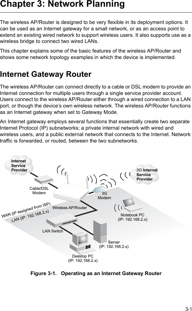 3-1Chapter 3: Network PlanningThe wireless AP/Router is designed to be very flexible in its deployment options. It can be used as an Internet gateway for a small network, or as an access point to extend an existing wired network to support wireless users. It also supports use as a wireless bridge to connect two wired LANs.This chapter explains some of the basic features of the wireless AP/Router and shows some network topology examples in which the device is implemented. Internet Gateway RouterThe wireless AP/Router can connect directly to a cable or DSL modem to provide an Internet connection for multiple users through a single service provider account. Users connect to the wireless AP/Router either through a wired connection to a LAN port, or though the device’s own wireless network. The wireless AP/Router functions as an Internet gateway when set to Gateway Mode.An Internet gateway employs several functions that essentially create two separate Internet Protocol (IP) subnetworks; a private internal network with wired and wireless users, and a public external network that connects to the Internet. Network traffic is forwarded, or routed, between the two subnetworks.Figure 3-1.   Operating as an Internet Gateway RouterWireless AP/RouterServer(IP: 192.168.2.x)Desktop PC(IP: 192.168.2.x)Cable/DSLModemInternetServiceProviderNotebook PC(IP: 192.168.2.x)WAN (IP assigned from ISP)LAN (IP: 192.168.2.x)LAN Switch3GModem3G InternetServiceProvider