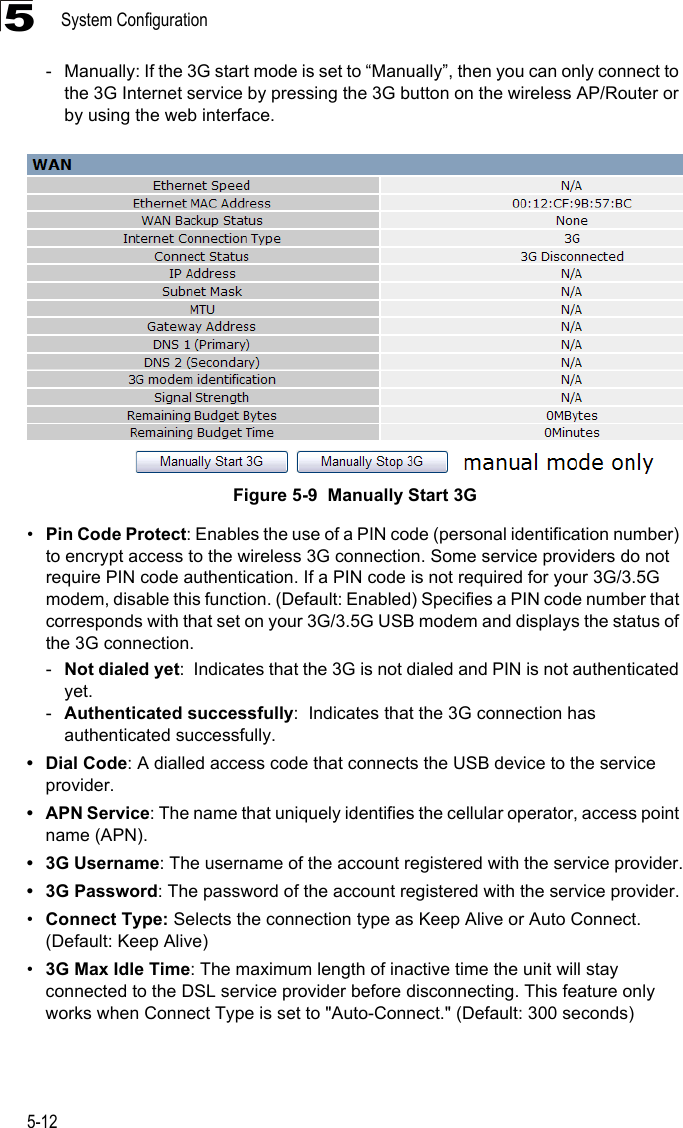 System Configuration5-125- Manually: If the 3G start mode is set to “Manually”, then you can only connect to the 3G Internet service by pressing the 3G button on the wireless AP/Router or by using the web interface.Figure 5-9  Manually Start 3G•Pin Code Protect: Enables the use of a PIN code (personal identification number) to encrypt access to the wireless 3G connection. Some service providers do not require PIN code authentication. If a PIN code is not required for your 3G/3.5G modem, disable this function. (Default: Enabled) Specifies a PIN code number that corresponds with that set on your 3G/3.5G USB modem and displays the status of the 3G connection.-Not dialed yet:  Indicates that the 3G is not dialed and PIN is not authenticated yet.-Authenticated successfully:  Indicates that the 3G connection has authenticated successfully.•Dial Code: A dialled access code that connects the USB device to the service provider.• APN Service: The name that uniquely identifies the cellular operator, access point name (APN).•3G Username: The username of the account registered with the service provider.• 3G Password: The password of the account registered with the service provider.•Connect Type: Selects the connection type as Keep Alive or Auto Connect. (Default: Keep Alive)•3G Max Idle Time: The maximum length of inactive time the unit will stay connected to the DSL service provider before disconnecting. This feature only works when Connect Type is set to &quot;Auto-Connect.&quot; (Default: 300 seconds)