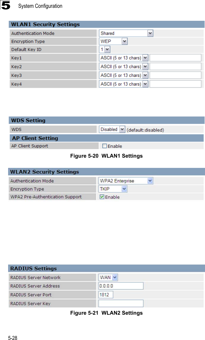 System Configuration5-285Figure 5-20  WLAN1 Settings Figure 5-21  WLAN2 Settings