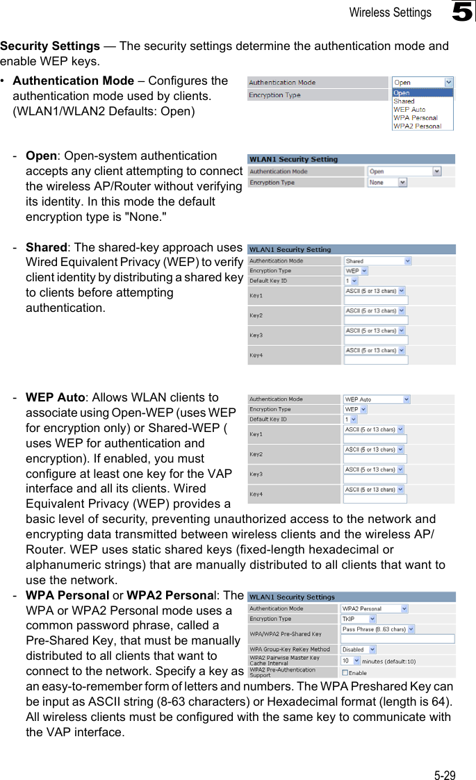 Wireless Settings5-295Security Settings — The security settings determine the authentication mode and enable WEP keys. •Authentication Mode – Configures the authentication mode used by clients.(WLAN1/WLAN2 Defaults: Open)-Open: Open-system authentication accepts any client attempting to connect the wireless AP/Router without verifying its identity. In this mode the default encryption type is &quot;None.&quot; -Shared: The shared-key approach uses Wired Equivalent Privacy (WEP) to verify client identity by distributing a shared key to clients before attempting authentication.-WEP Auto: Allows WLAN clients to associate using Open-WEP (uses WEP for encryption only) or Shared-WEP ( uses WEP for authentication and encryption). If enabled, you must configure at least one key for the VAP interface and all its clients. Wired Equivalent Privacy (WEP) provides a basic level of security, preventing unauthorized access to the network and encrypting data transmitted between wireless clients and the wireless AP/Router. WEP uses static shared keys (fixed-length hexadecimal or alphanumeric strings) that are manually distributed to all clients that want to use the network.-WPA Personal or WPA2 Personal: The WPA or WPA2 Personal mode uses a common password phrase, called a Pre-Shared Key, that must be manually distributed to all clients that want to connect to the network. Specify a key as an easy-to-remember form of letters and numbers. The WPA Preshared Key can be input as ASCII string (8-63 characters) or Hexadecimal format (length is 64). All wireless clients must be configured with the same key to communicate with the VAP interface.