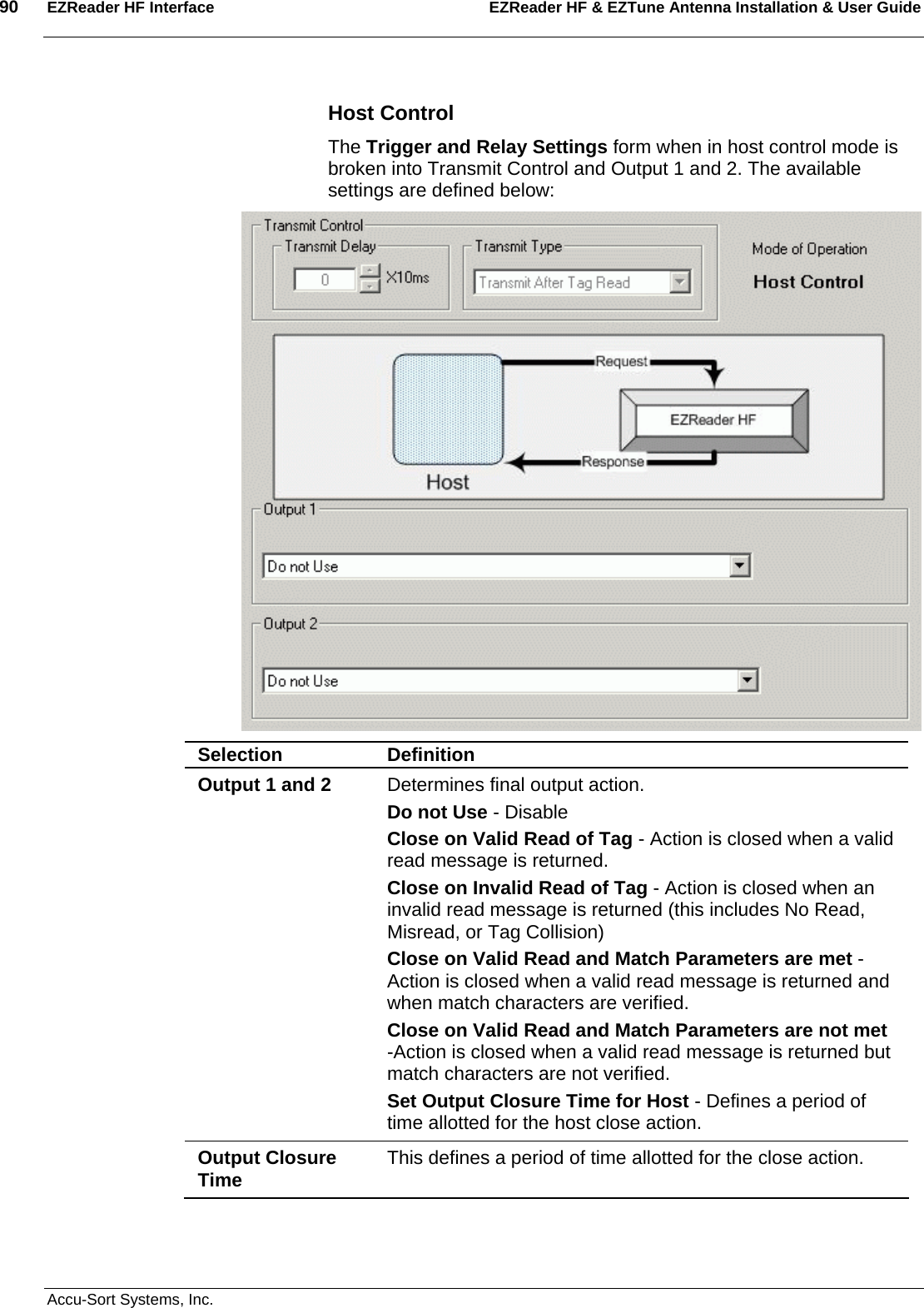 90  EZReader HF Interface EZReader HF &amp; EZTune Antenna Installation &amp; User Guide  Accu-Sort Systems, Inc. Host Control The Trigger and Relay Settings form when in host control mode is broken into Transmit Control and Output 1 and 2. The available settings are defined below:  Selection  Definition Output 1 and 2  Determines final output action. Do not Use - Disable Close on Valid Read of Tag - Action is closed when a valid read message is returned. Close on Invalid Read of Tag - Action is closed when an invalid read message is returned (this includes No Read, Misread, or Tag Collision) Close on Valid Read and Match Parameters are met - Action is closed when a valid read message is returned and when match characters are verified. Close on Valid Read and Match Parameters are not met -Action is closed when a valid read message is returned but match characters are not verified. Set Output Closure Time for Host - Defines a period of time allotted for the host close action. Output Closure Time  This defines a period of time allotted for the close action.  