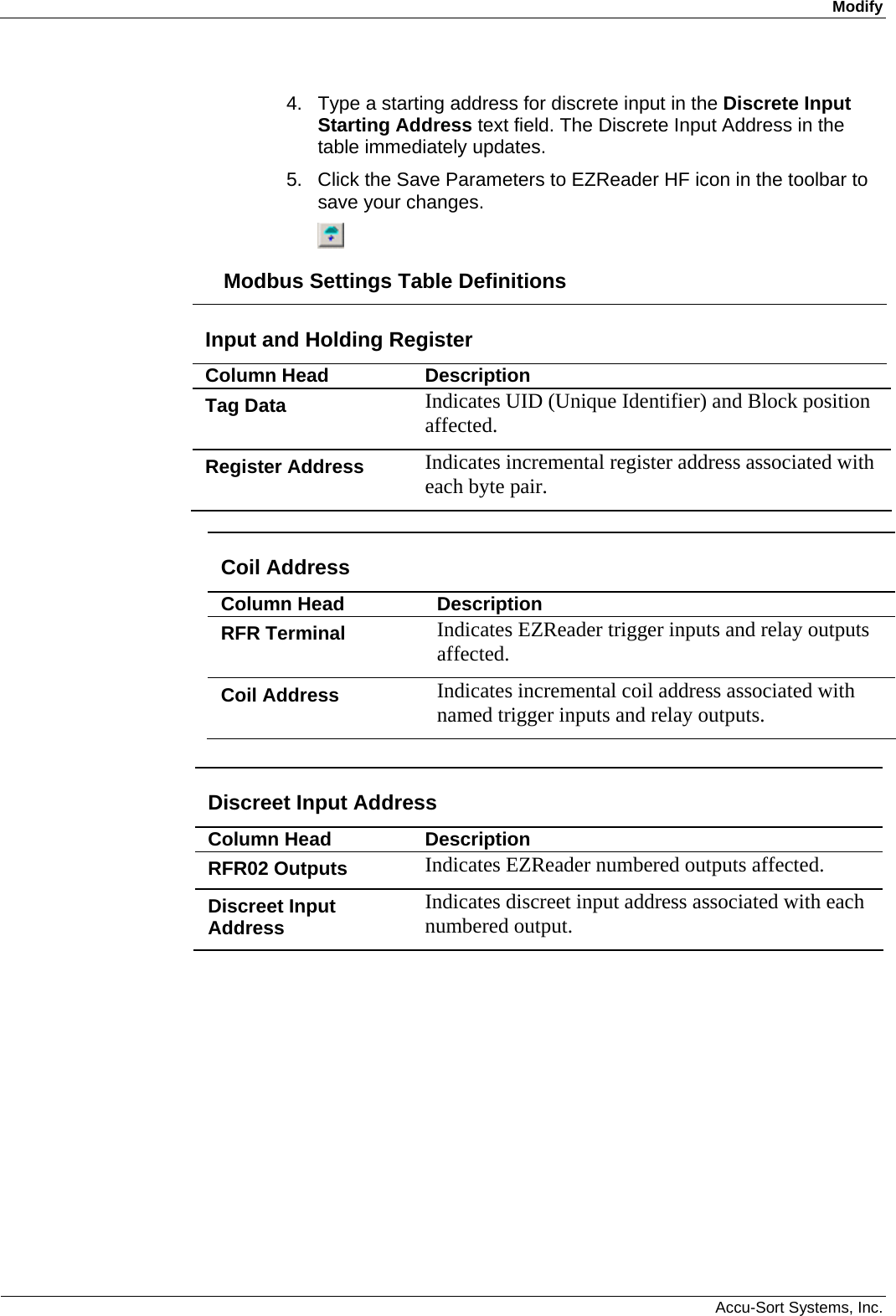 Modify  Accu-Sort Systems, Inc. 4.  Type a starting address for discrete input in the Discrete Input Starting Address text field. The Discrete Input Address in the table immediately updates. 5.  Click the Save Parameters to EZReader HF icon in the toolbar to save your changes.  Modbus Settings Table Definitions Input and Holding Register Column Head  Description Tag Data  Indicates UID (Unique Identifier) and Block position affected. Register Address  Indicates incremental register address associated with each byte pair.    Coil Address Column Head  Description RFR Terminal  Indicates EZReader trigger inputs and relay outputs affected. Coil Address  Indicates incremental coil address associated with named trigger inputs and relay outputs. Discreet Input Address Column Head  Description RFR02 Outputs  Indicates EZReader numbered outputs affected. Discreet Input Address  Indicates discreet input address associated with each numbered output. 