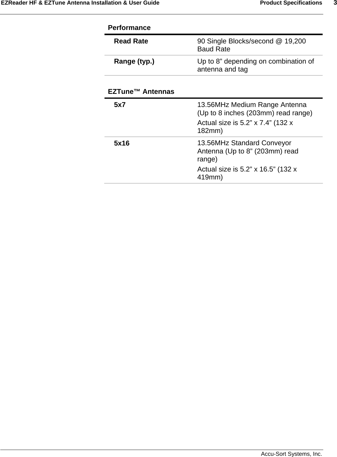 EZReader HF &amp; EZTune Antenna Installation &amp; User Guide  Product Specifications  3   Accu-Sort Systems, Inc. Performance   Read Rate    90 Single Blocks/second @ 19,200 Baud Rate  Range (typ.)  Up to 8” depending on combination of antenna and tag  EZTune™ Antennas  5x7  13.56MHz Medium Range Antenna (Up to 8 inches (203mm) read range) Actual size is 5.2” x 7.4” (132 x 182mm) 5x16  13.56MHz Standard Conveyor Antenna (Up to 8” (203mm) read range) Actual size is 5.2” x 16.5” (132 x 419mm)       