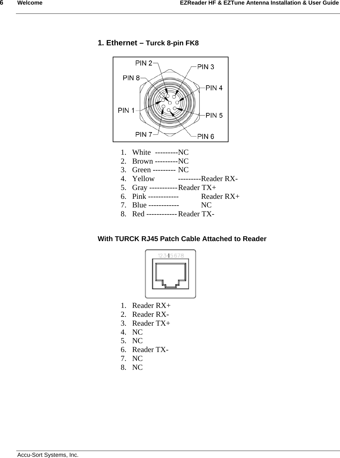 6  Welcome EZReader HF &amp; EZTune Antenna Installation &amp; User Guide  Accu-Sort Systems, Inc.  1. Ethernet – Turck 8-pin FK8              1. White  --------- NC 2. Brown --------- NC 3. Green --------- NC 4. Yellow   --------- Reader RX- 5. Gray ----------- Reader TX+ 6. Pink ------------  Reader RX+ 7. Blue ------------  NC 8. Red ------------ Reader TX-  With TURCK RJ45 Patch Cable Attached to Reader       1. Reader RX+ 2. Reader RX- 3. Reader TX+ 4. NC 5. NC 6. Reader TX- 7. NC 8. NC 