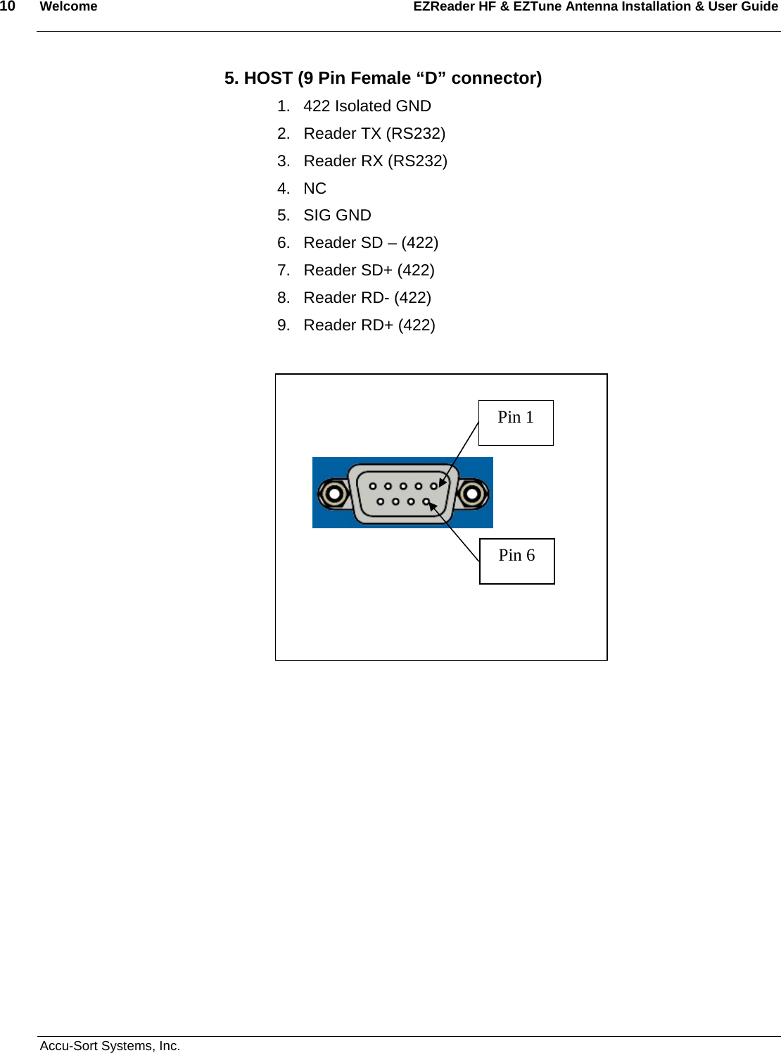 10  Welcome EZReader HF &amp; EZTune Antenna Installation &amp; User Guide  Accu-Sort Systems, Inc. 5. HOST (9 Pin Female “D” connector) 1.  422 Isolated GND 2.  Reader TX (RS232) 3.  Reader RX (RS232) 4. NC 5. SIG GND 6.  Reader SD – (422) 7.  Reader SD+ (422) 8.  Reader RD- (422) 9.  Reader RD+ (422)                                                     Pin 1 Pin 6 